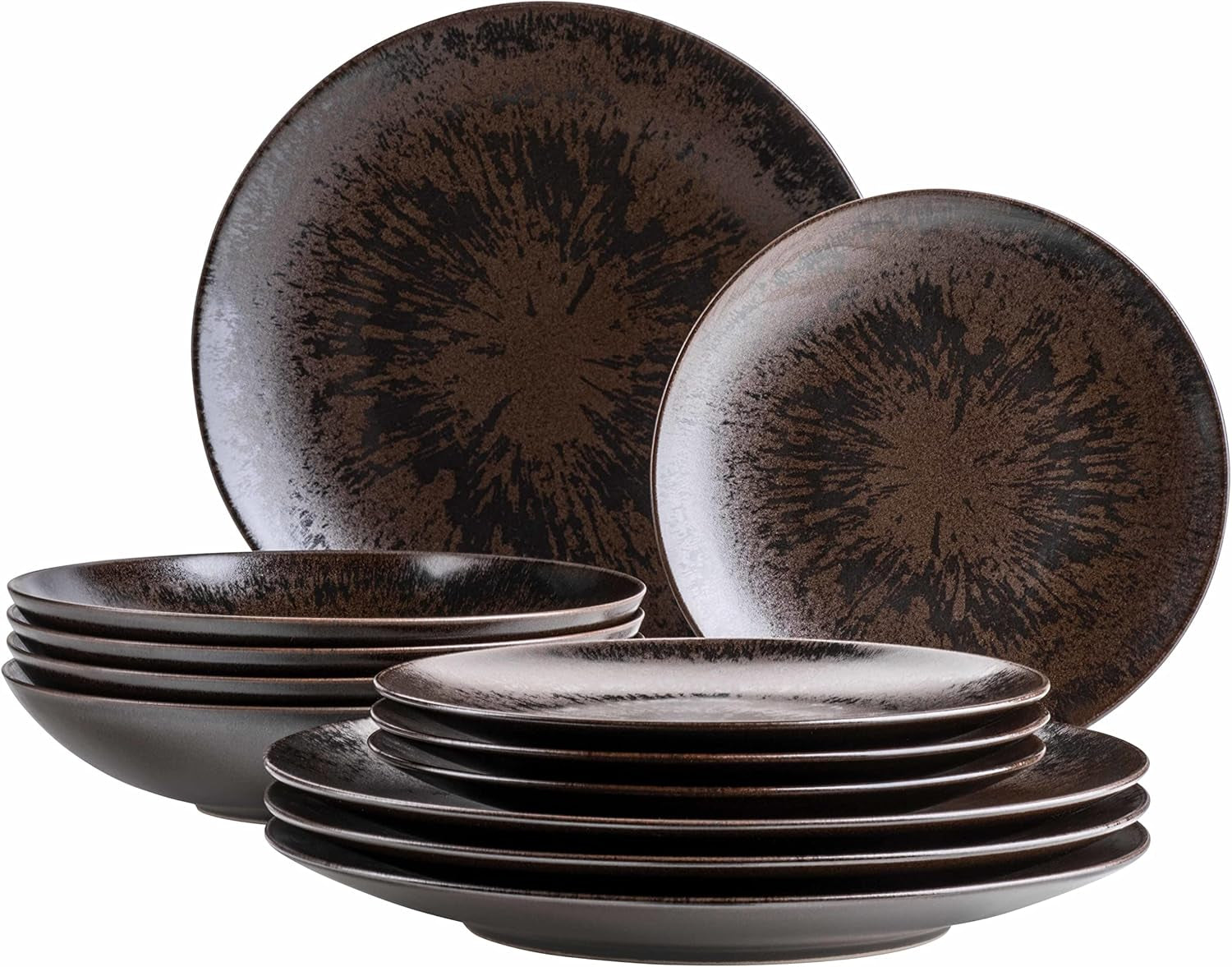 MĘSER Bronze Metallic 12-częściowy serwis stołowy dla 4 osób z elegancką i błyszczącą glazurą Zestaw talerzy obiadowych z talerzem obiadowym, talerzem obiadowym i talerzem deserowym z wysokiej jakości ceramiki, kamionki, brązu