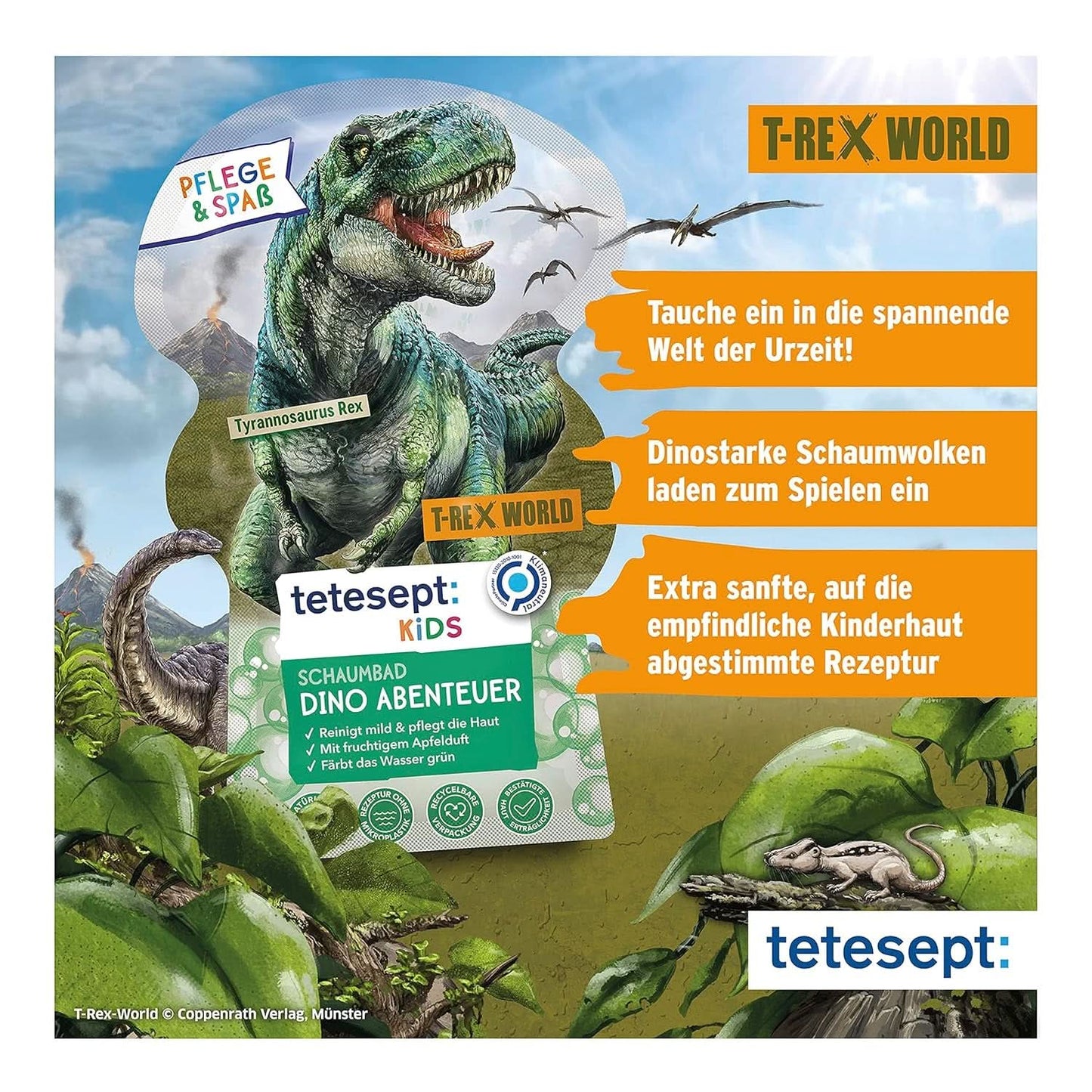 Tetesept Kids Dino - dodatek do kąpieli dla dzieci, pianka, barwi wodę na zielono, 40 ml Naty Shop