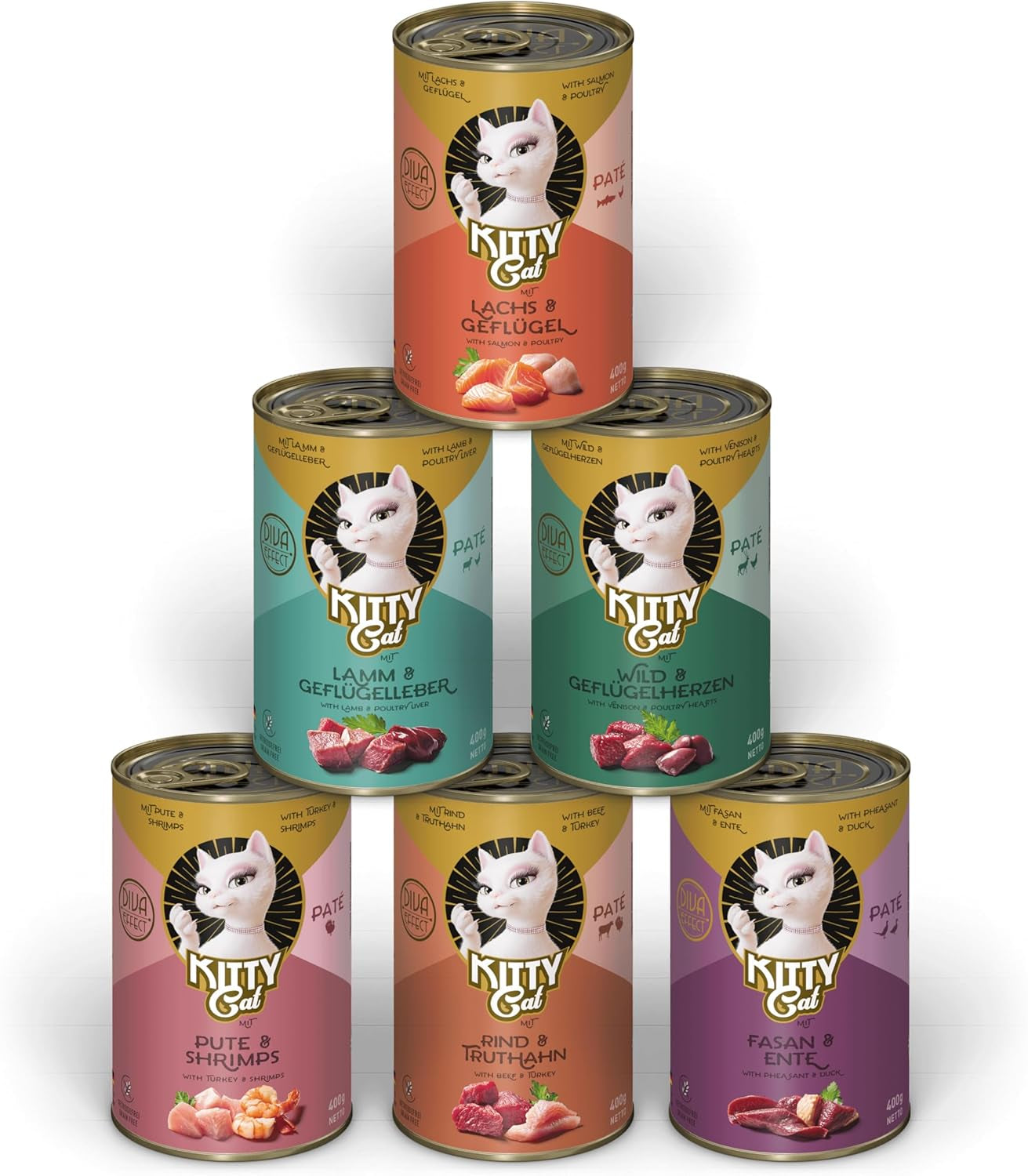 KITTY Cat Paté Mix 2, 6 x 400g, mokra karma dla kotów w próbce, karma bezzbożowa z tauryną, olejem z łososia i małżami zielonymi, kompletna karma o wysokiej zawartości mięsa, wyprodukowana w Niemczech