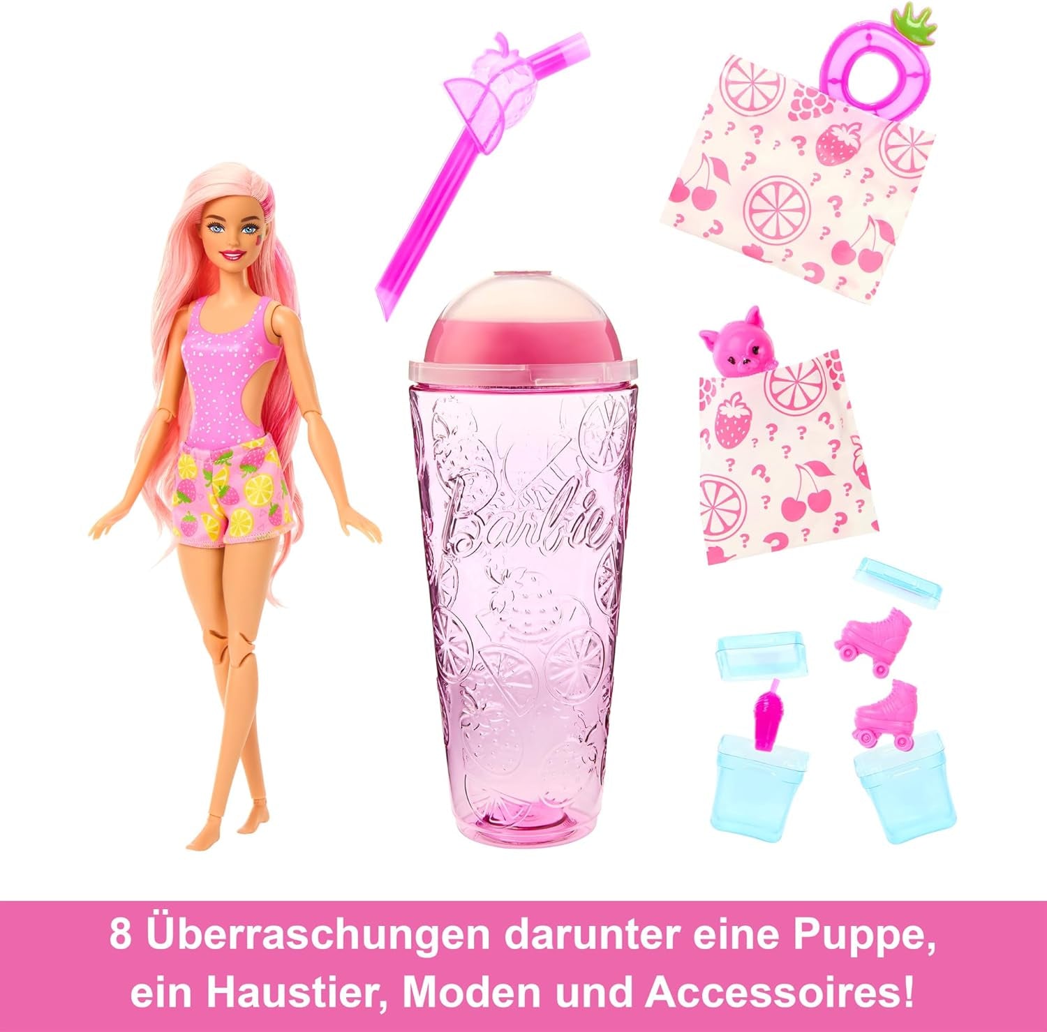 Barbie Pop Reveal Fruit — lalki-niespodzianki z 8 owocowymi niespodziankami, w tym lalką z zapachem truskawkowej lemoniady i puszystym szczeniakiem, od 3 lat, HNW41