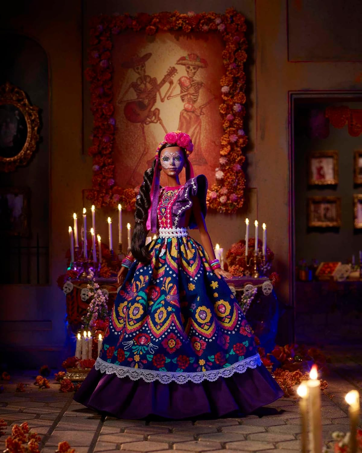 2022 Día De Muertos Lalka Barbie z marszczoną tradycyjną sukienką, wieńcem kwiatowym i farbą do twarzy Calavera, prezent dla kolekcjonerów
