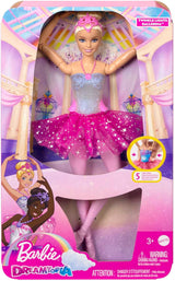 Barbie Dreamtopia Magic Light Ballerina Lalka z różową tutu i blond włosami, 5 efektów świetlnych i dźwiękowych, ruchoma Barbie, od 3 lat i więcej, lalki HLC25 Naty Shop