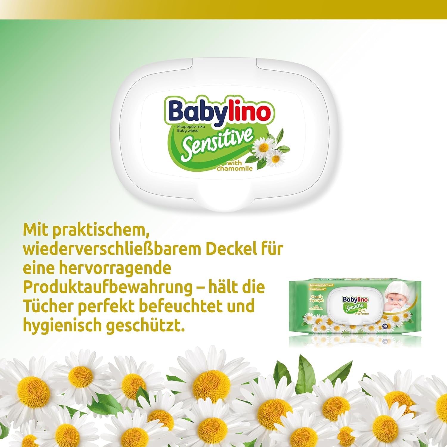 Chusteczki dla niemowląt Sensitive, 0% substancji zapachowych, 98% naturalnej formuły przywracającej równowagę pH skóry, pieczęć świeżości, 54 chusteczki