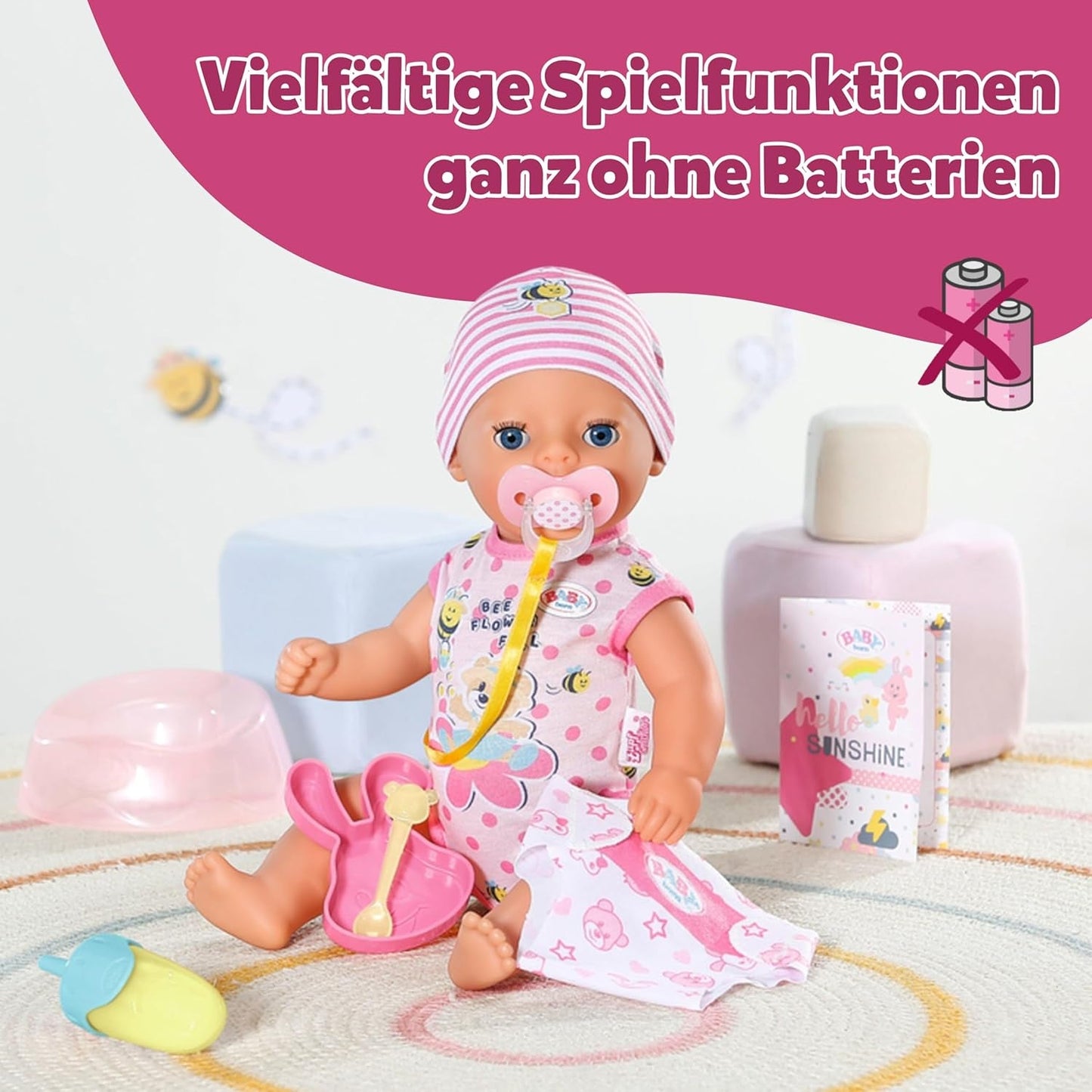 BABY Born Lena (Girl) - laleczka bobas 36 cm - 7 funkcji, w tym akcesoria i materacyk - Działa całkowicie bez baterii - Odpowiednia dla małych dzieci od 1 roku