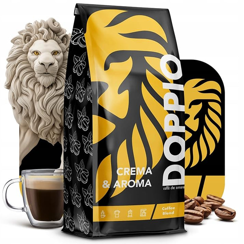 Doppio Krem i Smak 1KG | Kawa ziarnista 80% Arabica i 20% Robusta | z nutami kakao, orzechów i karmelu | Świeże i średnio palone, o niskiej kwasowości | do espresso | Kawa Blue Orca