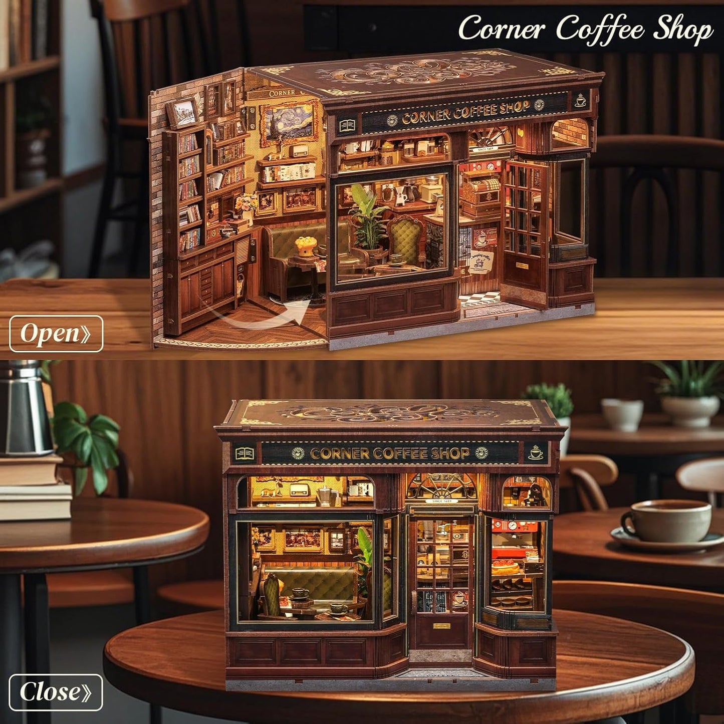Zestaw narożny z książką CUTEBEE - domki dla lalek DIY, zestaw do budowania miniaturowego domu z oświetleniem LED dla dorosłych, drewniane puzzle 3D i stojak na książki - dekoracja półki na książki i prezent (kawiarnia narożna)