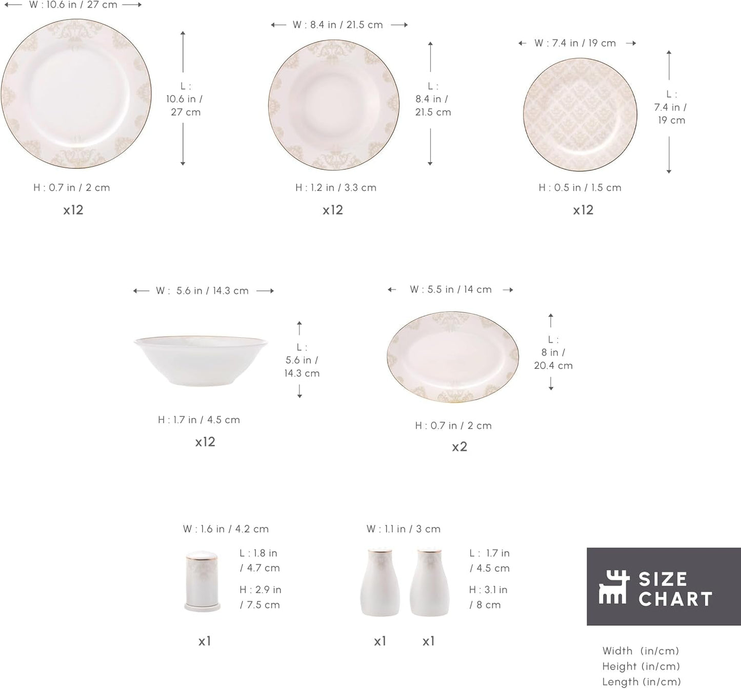Zestaw naczyń obiadowych Karaca Elegance Bone Siena na 12 osób, nowoczesny zestaw naczyń porcelanowych, zestaw naczyń obiadowych z miskami na zupę, półmisek, talerze głębokie, talerze deserowe - białe i złote