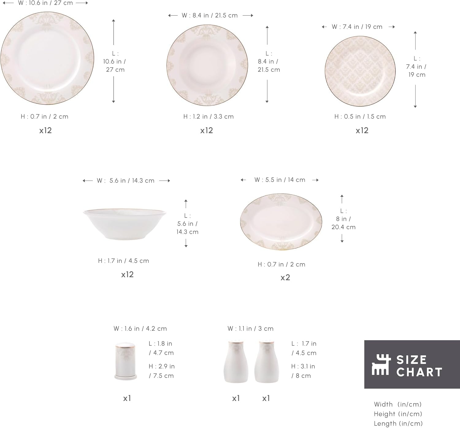 Zestaw naczyń obiadowych Karaca Elegance Bone Siena na 12 osób, nowoczesny zestaw naczyń porcelanowych, zestaw naczyń obiadowych z miskami na zupę, półmisek, talerze głębokie, talerze deserowe - białe i złote