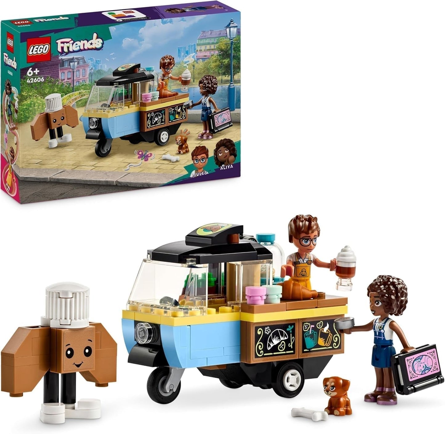 LEGO Friends Mała zabawka do pieczenia na kółkach dla dzieci, prezent dla dziewcząt i chłopców w wieku 6 lat, zabawka edukacyjna z psami Aliyą, Julesem i Airą 42606 Zestawy do budowania Besuche den LEGO-Store Single