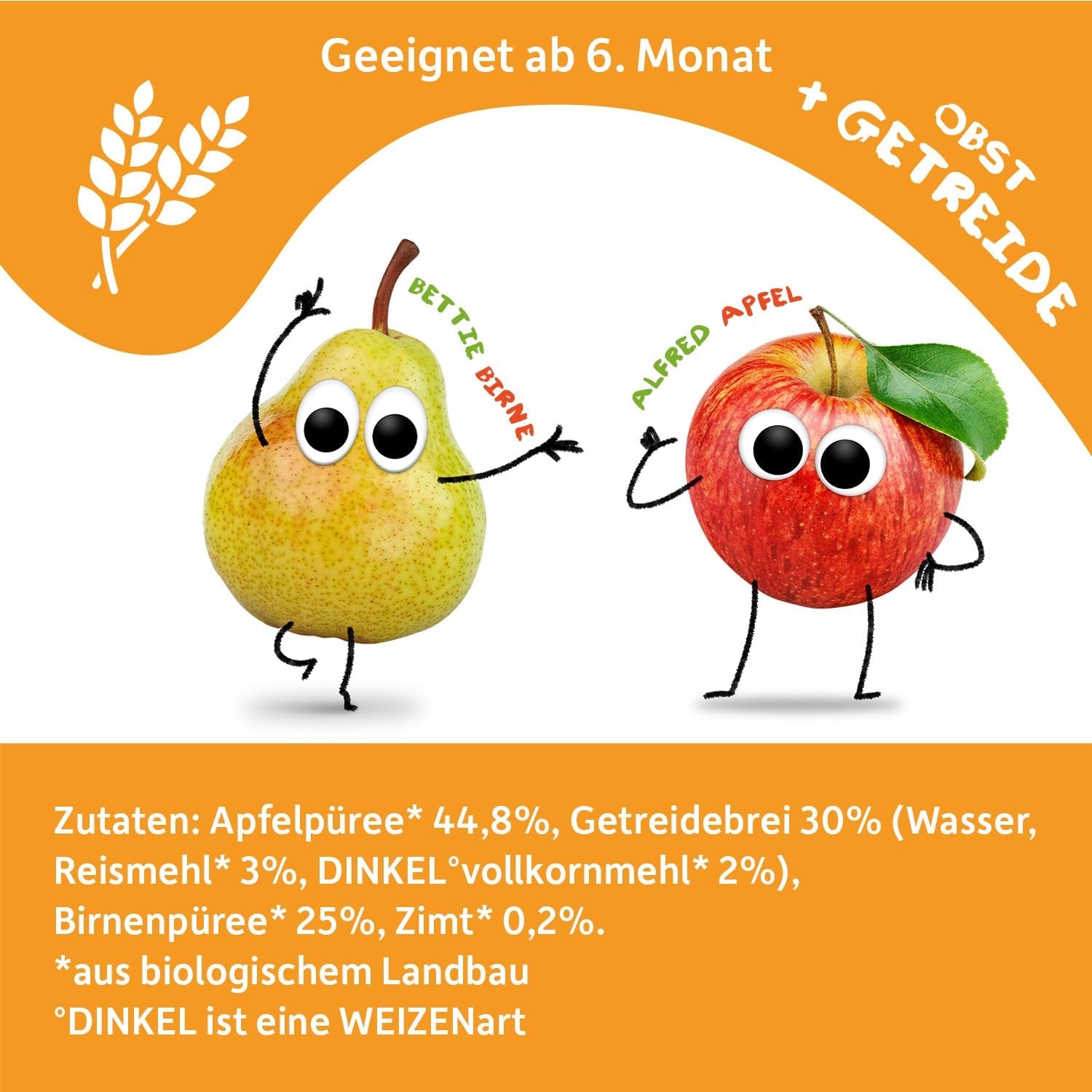 FRECHE FREUNDE Organiczne saszetki owocowe do wyciskania Jabłko Cynamon Gruszka Ryż Orkisz Puree owocowe ze płatkami zbożowymi dla niemowląt 6 miesięcy + Wegańskie 6 szt. (6 x 100 g)