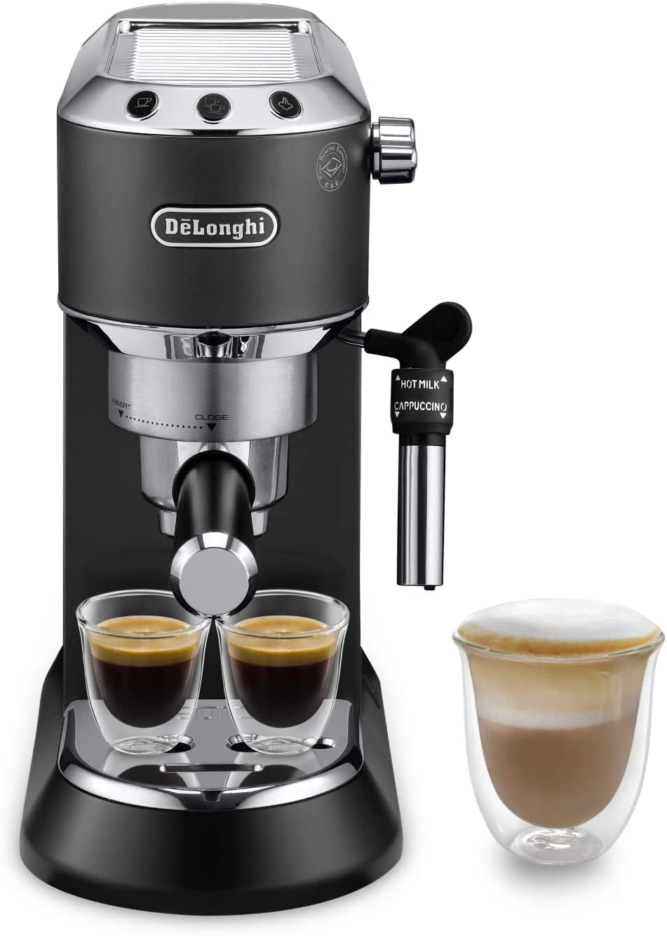 De'Longhi Dedica Style EC 685.B – Ekspres do espresso z kolbą, ekspres do kawy z profesjonalnym spieniaczem do mleka, szerokość tylko 15 cm, na kawę mieloną lub kapsułki ESE, zbiornik na wodę 1 l, kolor czarny