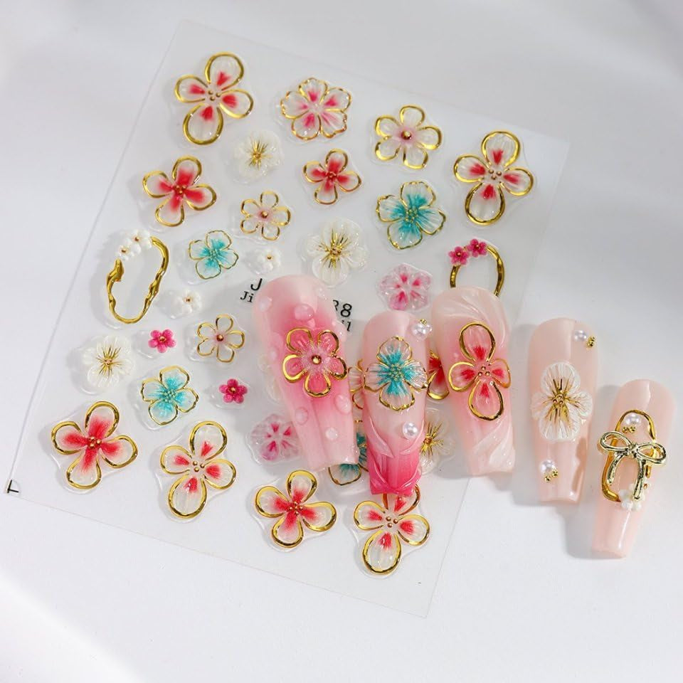 JMEOWIO 3D Nagelsticker Kolorowy kwiat Nail Art Naklejka Selbstklebend Nagelaufkleber 5D Stereoskopisch Wiosna Lato Kwiatowa dekoracja Nageldesign Zubehör 4 Blatt