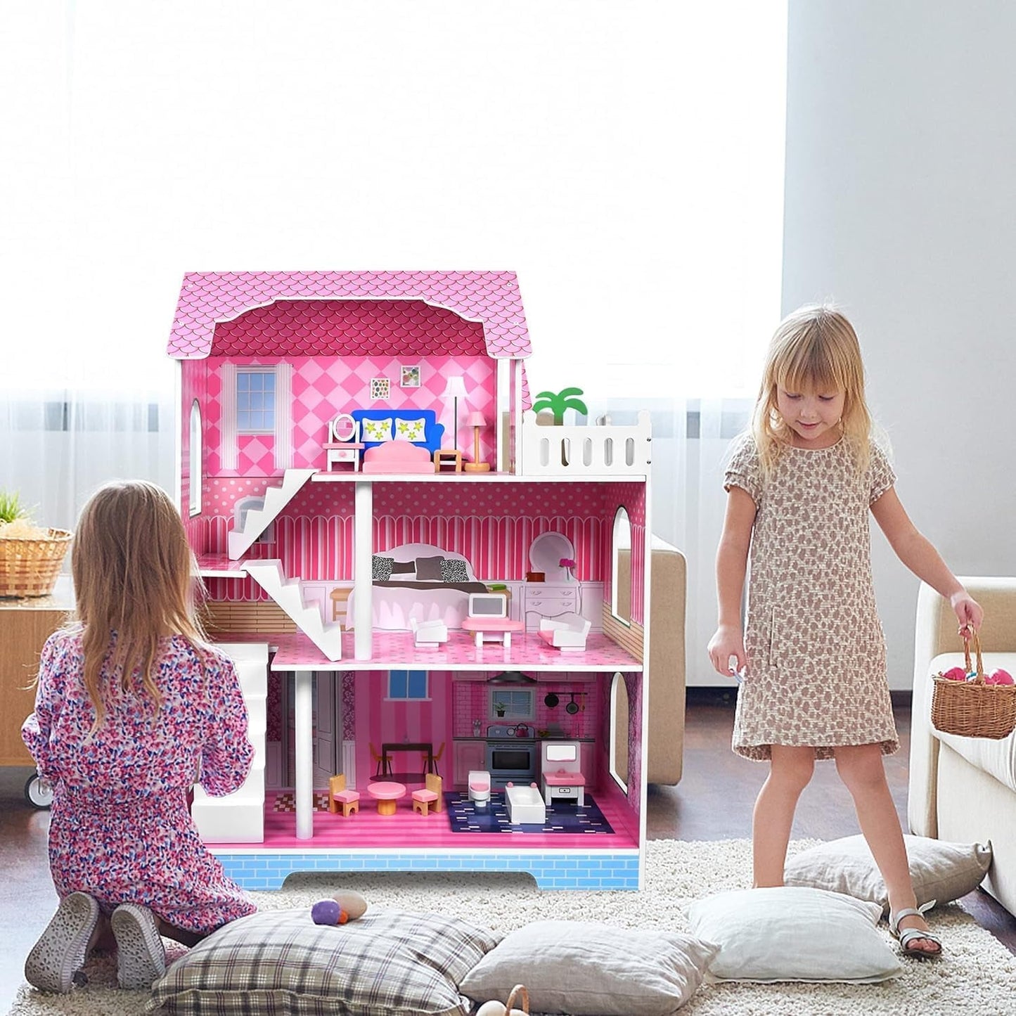 HENGMEI Puppenhaus Kinder Holz Puppenvilla Zestaw domków dla lalek Mädchen Spielset 3 Etagen Haus mit Möbeln und Zubehör, 70x30x100cm Puppenhäuser für Kinder (typ B)