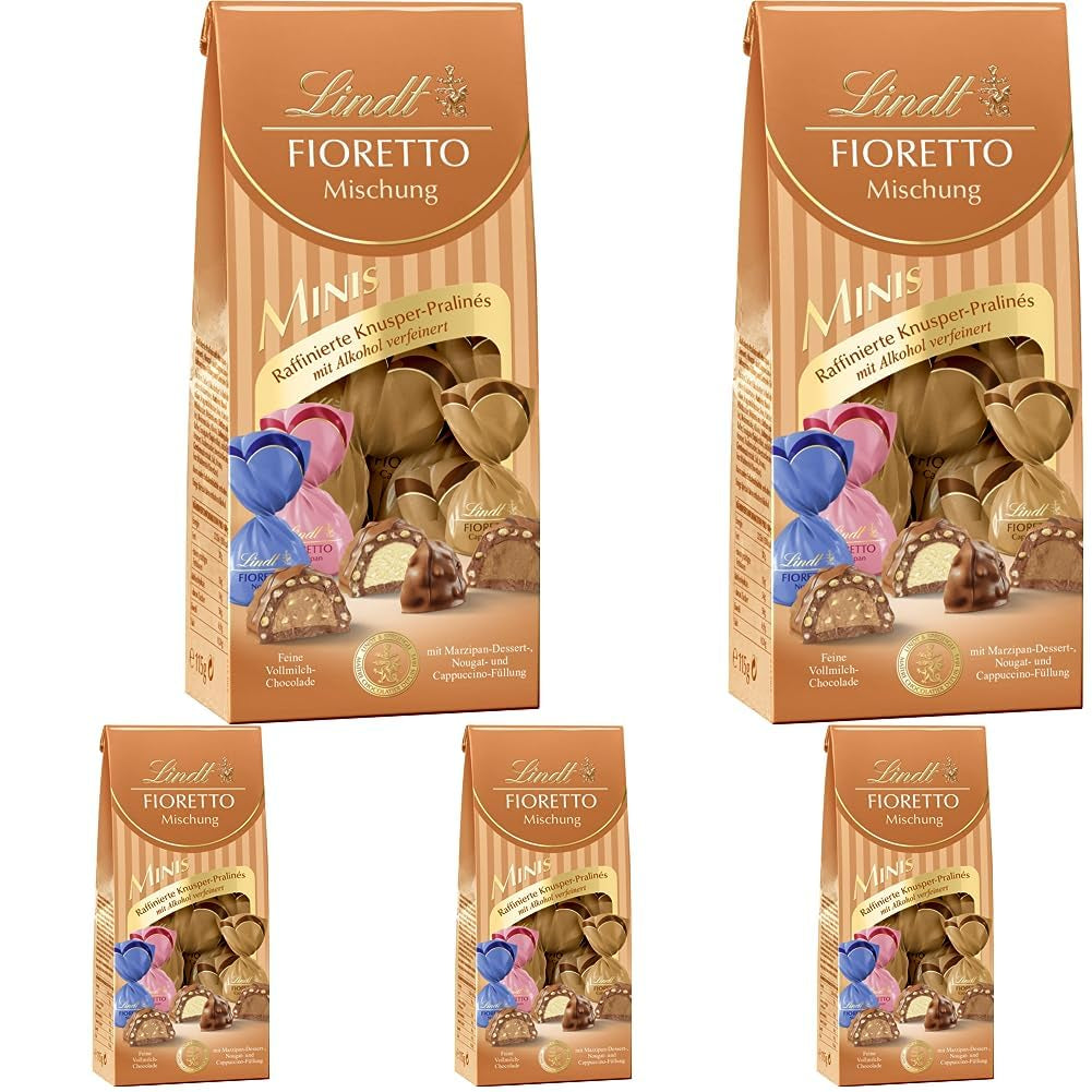 Czekolada - Asortyment FIORETTO Minis | 115 g | Około. 10 pralin z mlecznej czekolady o smakach marcepanu, cappuccino i nugatu, zawiera alkohol | Czekoladowy zestaw upominkowy | Zestaw upominkowy z czekoladą (5 szt.)