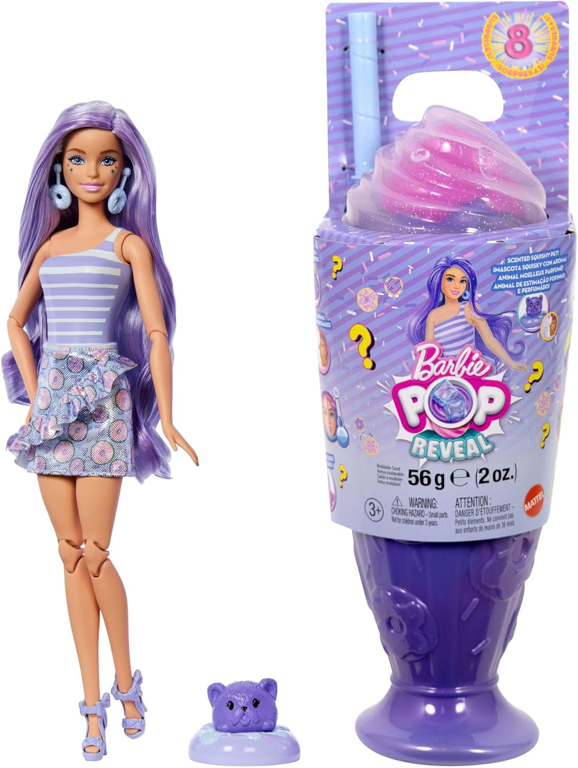Zestaw Barbie Pop Reveal Series z lalką modową i akcesoriami, seria Candy, projekt Donut Dreams ze zwierzakiem, 8 niespodzianek, w tym zmiana koloru, JFY60