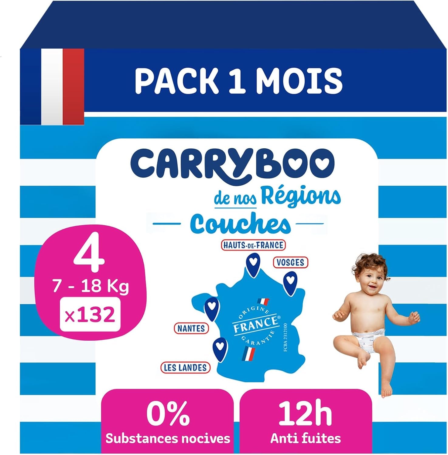 - Rozmiar pieluszki 4 (7-18 kg) – zdrowa i wyjątkowo chłonna – 12 godzin szczelności – ohne unerwünschte Substanzen – wyprodukowana we Francji – przystępna cena – 132 pieluszki jednorazowe