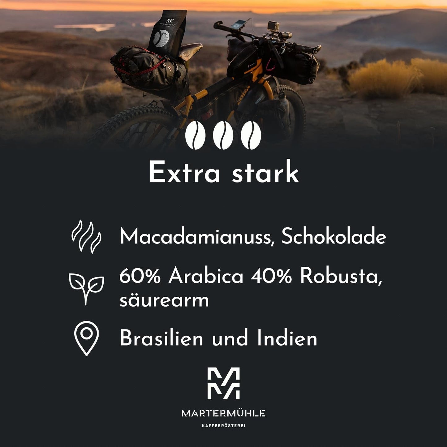Ziarna espresso Martermühle Bike 500g Mocne | Arabika/Robusta | Smaki: Orzechy makadamia, mleczna czekolada | Jasno palone całe ziarna espresso, niska kwasowość