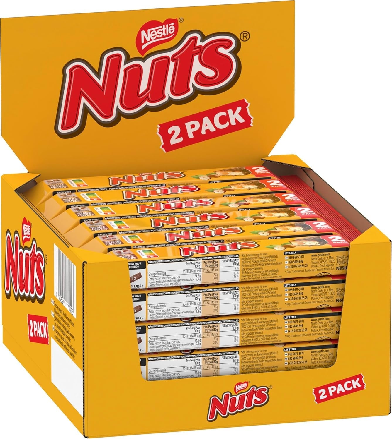 NESTLÉ Chocolate Bars 2 Pack, klasyczne batoniki z całymi orzechami laskowymi i karmelem w mlecznej czekoladzie, opakowanie 24 szt. (24 x 2 x 30 g)