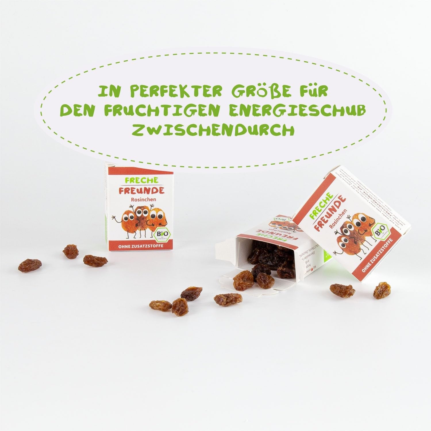 FRECHE FREUNDE Organiczne rodzynki, Trockenfrüchte ohne Zucker, ohne Zusatzstoffe, ungeschwefelt, in kleinen Snackboxen, Sultaninen für Kinder, opakowanie 20er, 20 x (3x14g)