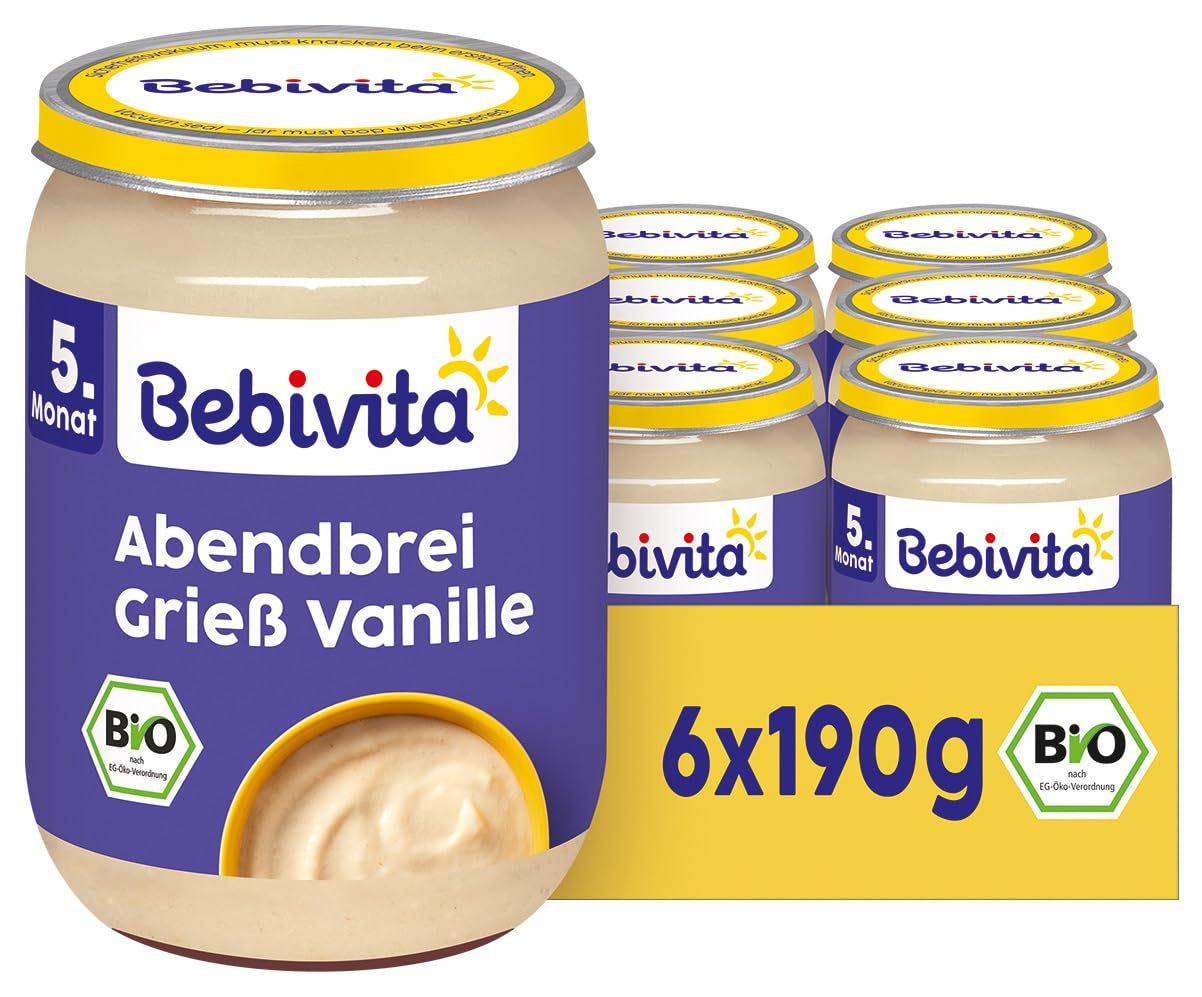 Wieczorna owsianka z ekologiczną kaszą manną i wanilią (6 x 190g), od 5 miesiąca życia, bez dodatku cukru, bardzo sycąca, 100% jakości organicznej
