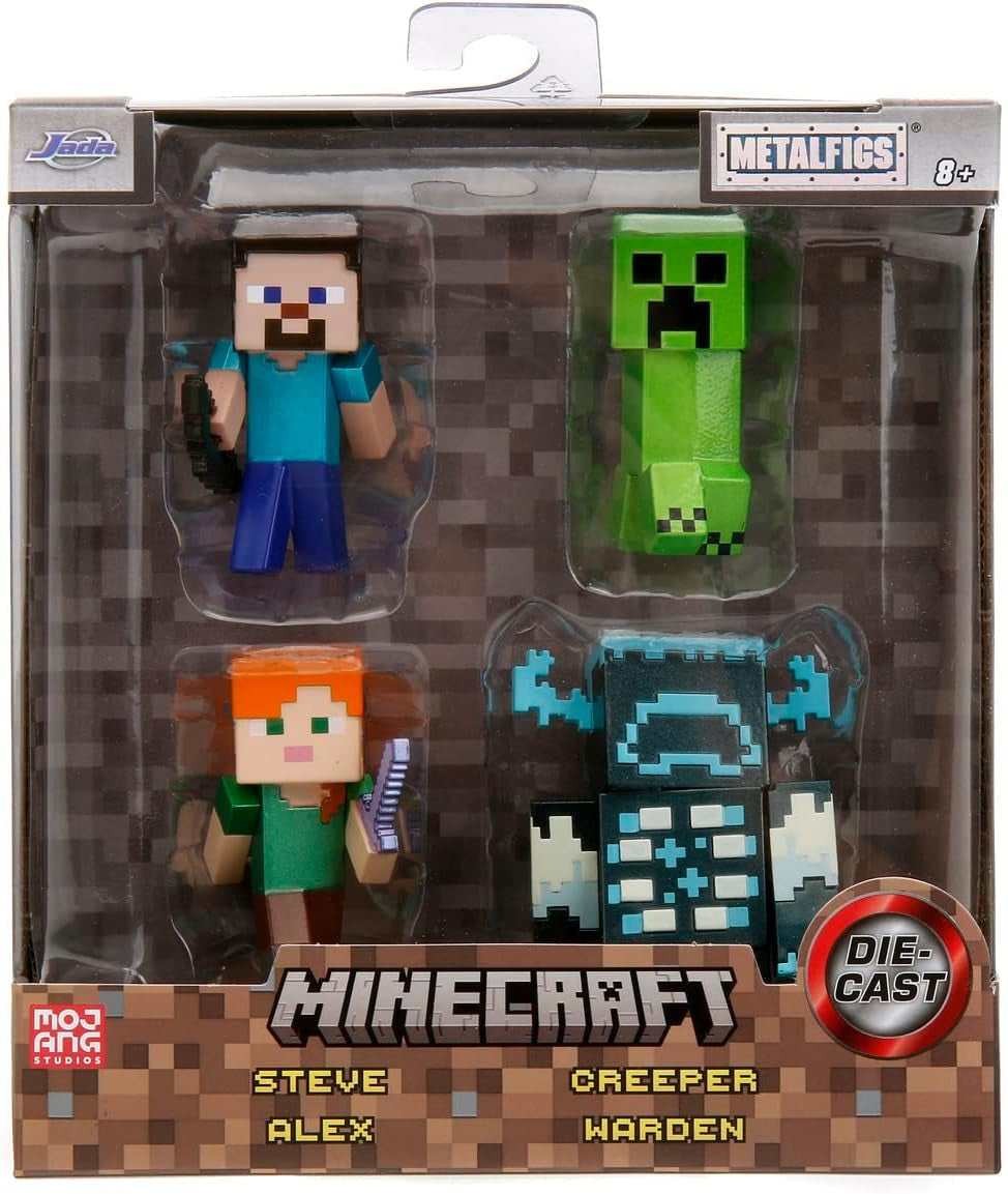 Jada Toys Zestaw figurek Minecraft (4 sztuki) Wykonany z metalu - Minecraft Jaskinie i klify Figurki kolekcjonerskie (Steve, Alex, Creeper i Warden) Dla graczy i kolekcjonerów 8+ 6 cm każda figurka Naty Shop Domyślny tytuł