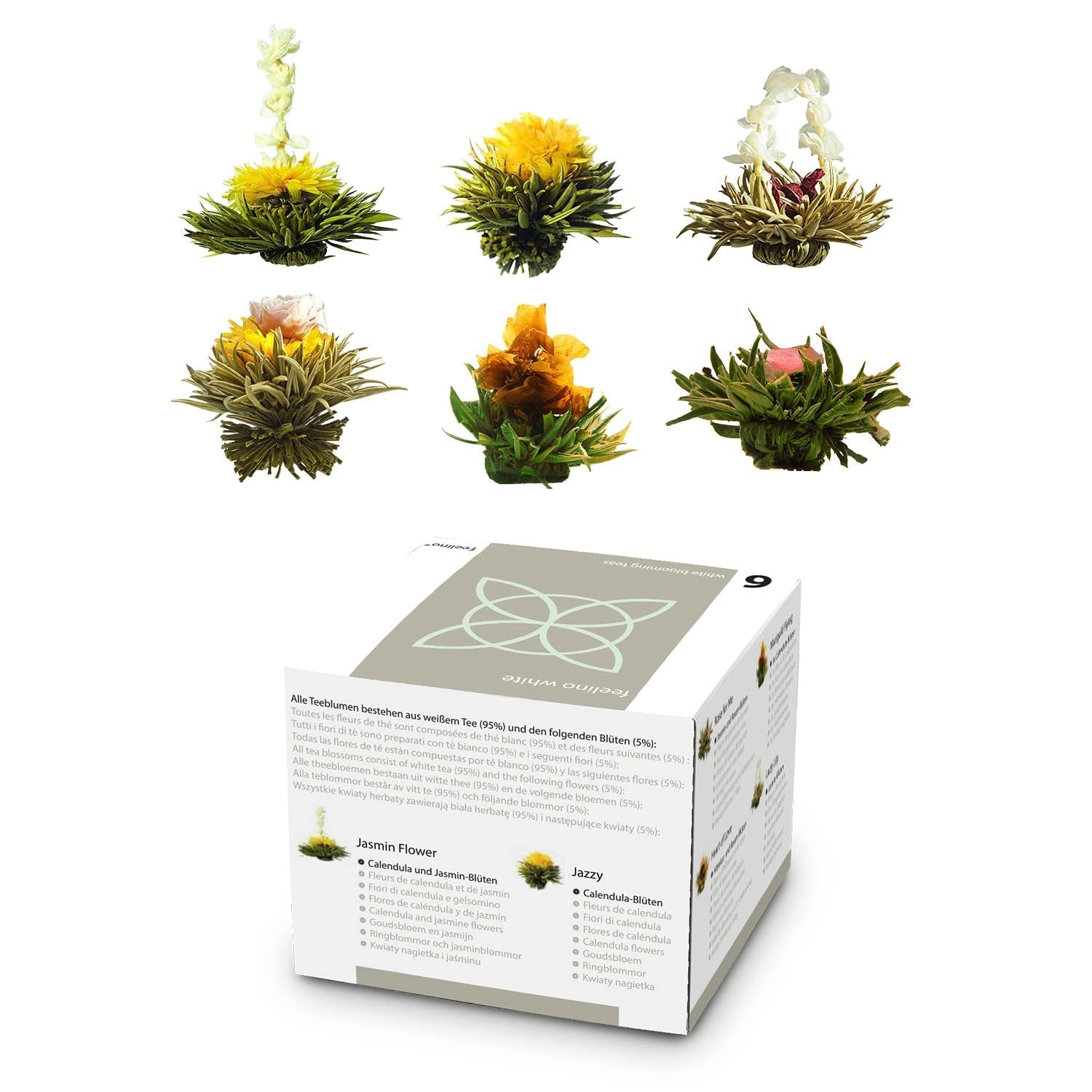 Feelino Eleganckie 6-częściowe pudełko mieszane - Feelino White Tea Flowers w przepięknym pudełku prezentowym z 6 różnymi białymi różami herbacianymi, pakowane pojedynczo próżniowo, opakowanie 1-częściowe