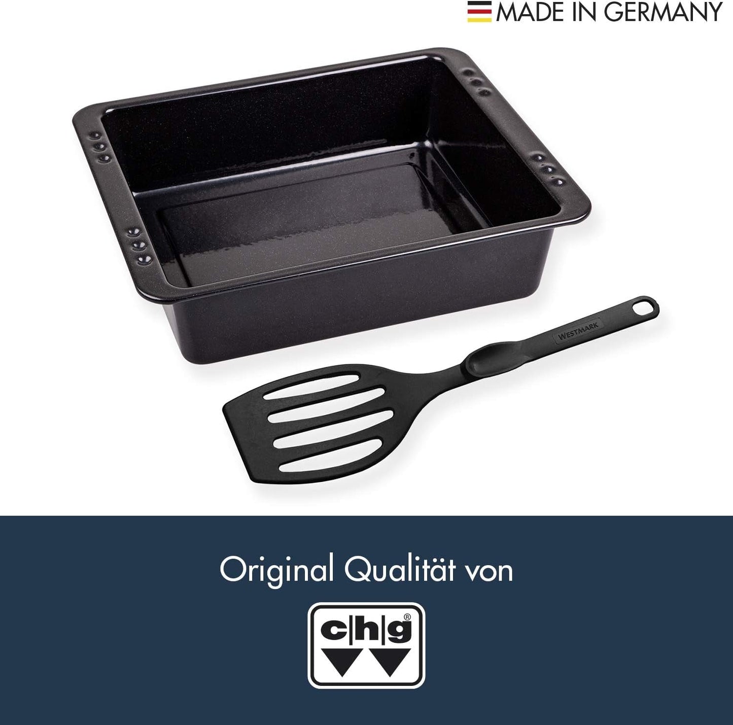 Chg SET 341-46-60 Extra Tiefe Ofenform (7,0 Cm) "Emaille" Mit Profi-Pfannenwender", Schwarz Gesprenkelt Formy i blachy do pieczenia Naty Shop