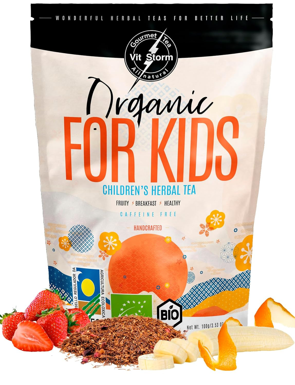 VITSTORM® BIO TEE Mom & Kids - Herbata dla kobiet i karmiących piersią - Rooibos, jabłko, koper włoski, melisa, alchemilla, truskawka - Herbata relaksująca - Owocowa i pyszna - Bez kofeiny - Herbata ziołowa 100 g
