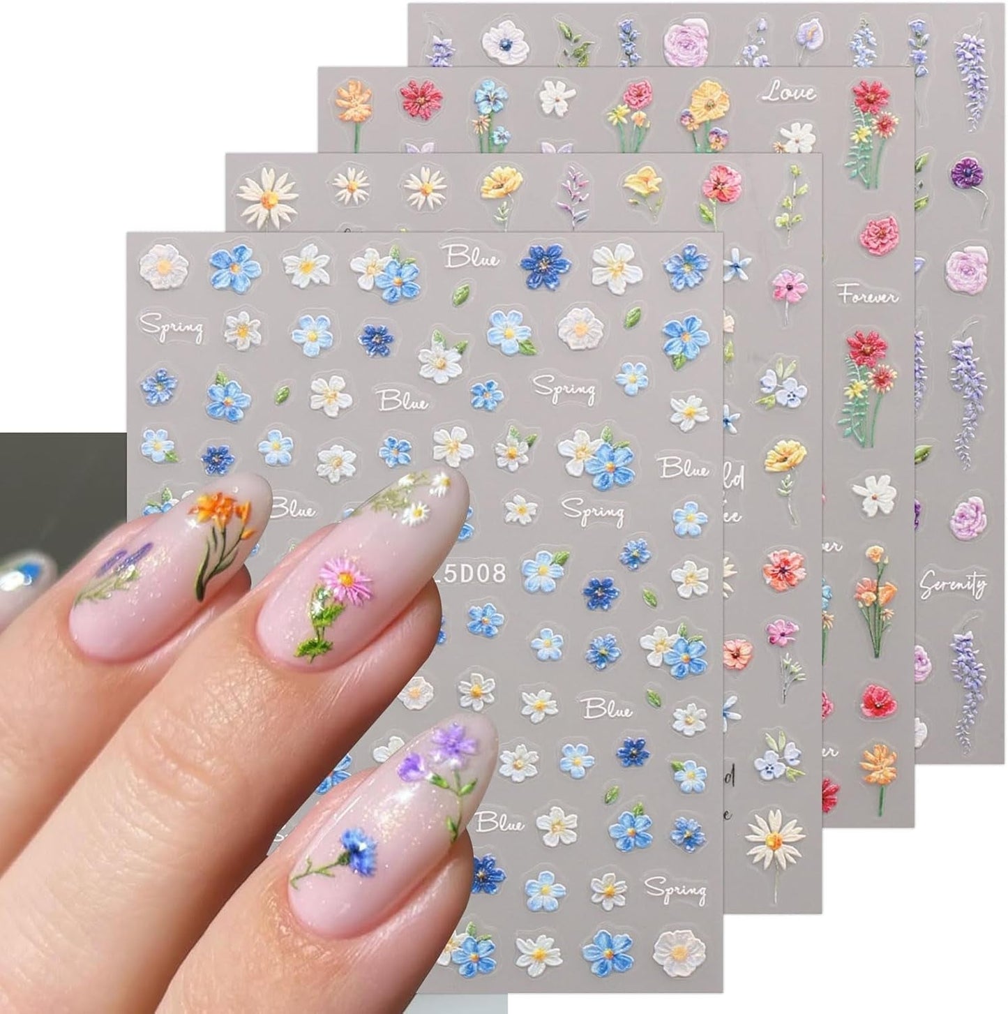 JMEOWIO 3D Nagelsticker Blumen Nail Art Naklejka Selbstklebend Nagelaufkleber 5D Stereoskopisch Frühling Sommer Blumen Dekoration Nageldesign Zubehör 4 Blatt