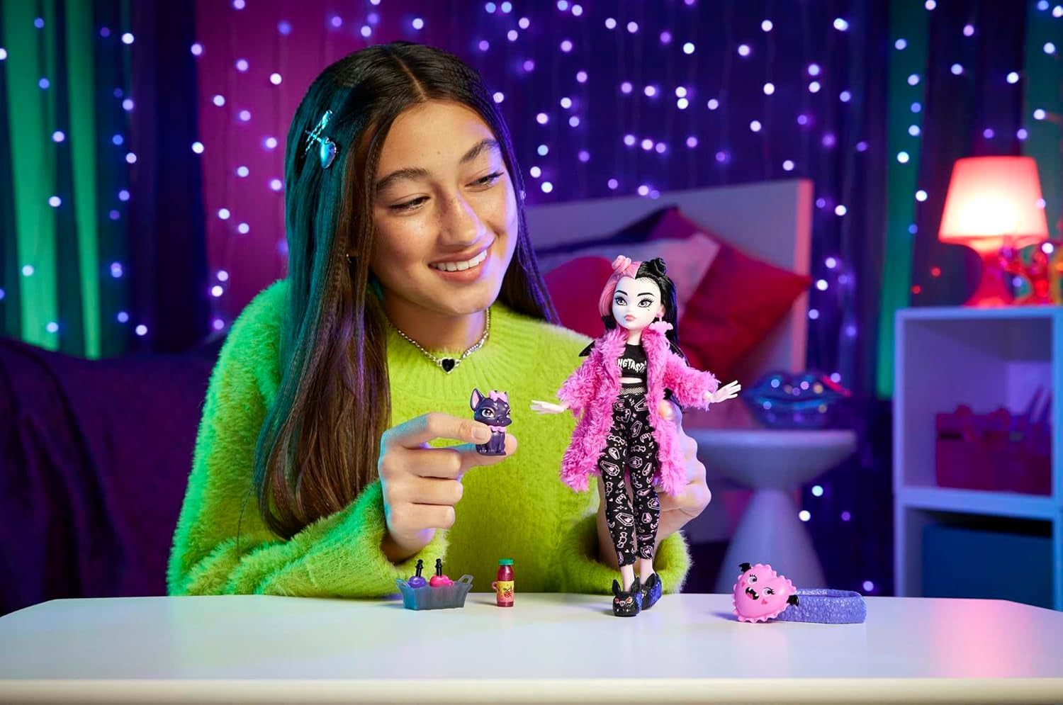MONSTER HIGH lalki i piżamy akcesoria imprezowe Draculaura liczba nietoperzy fantastyczna lalka zwierzęta domowe są Creepover Party HPY66 Naty Shop lalki
