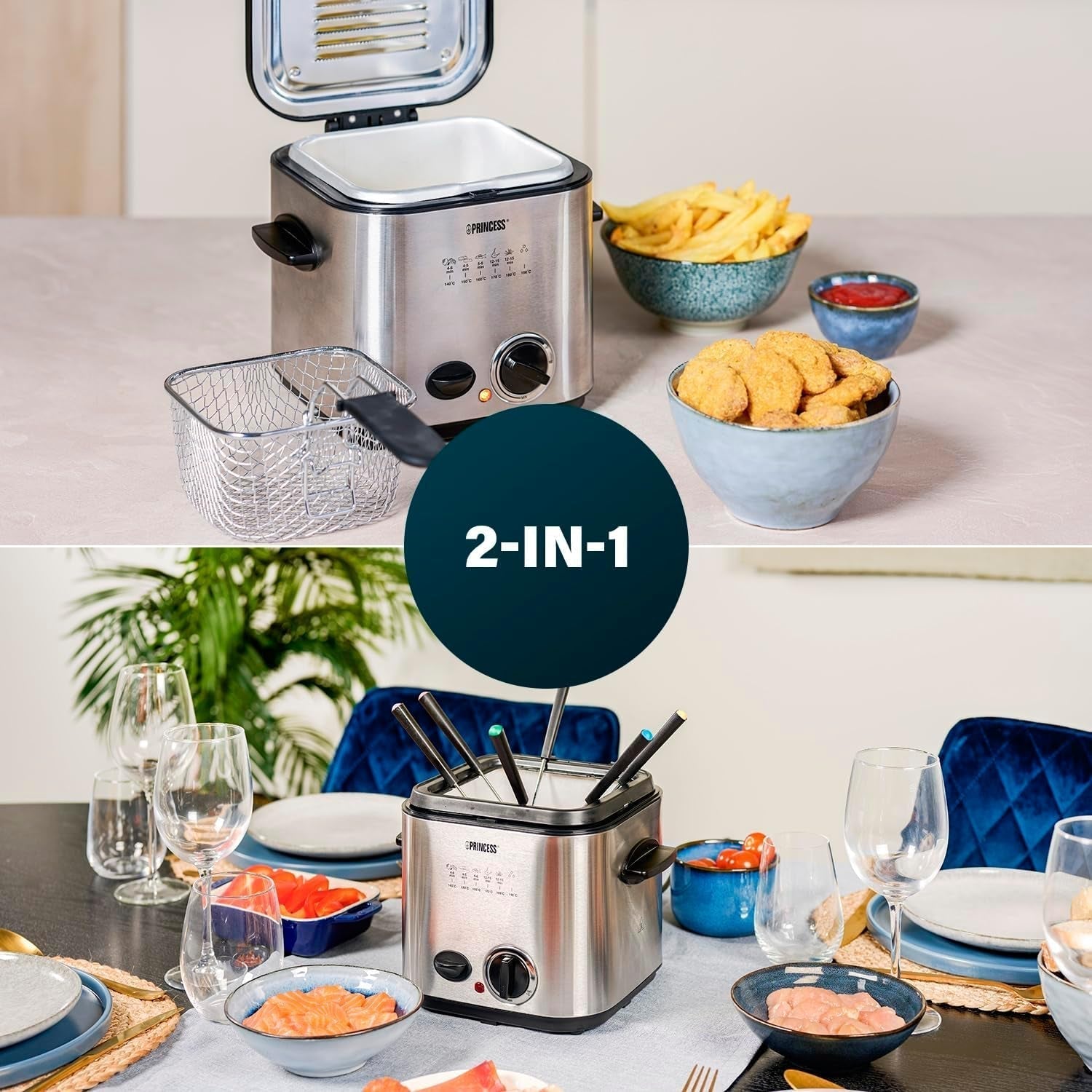 Mini frytkownica do fondue Princess 182611 - szybkie nagrzewanie - filtr zapachów - pojemność 1,2 litra, srebrny AGD Naty Shop
