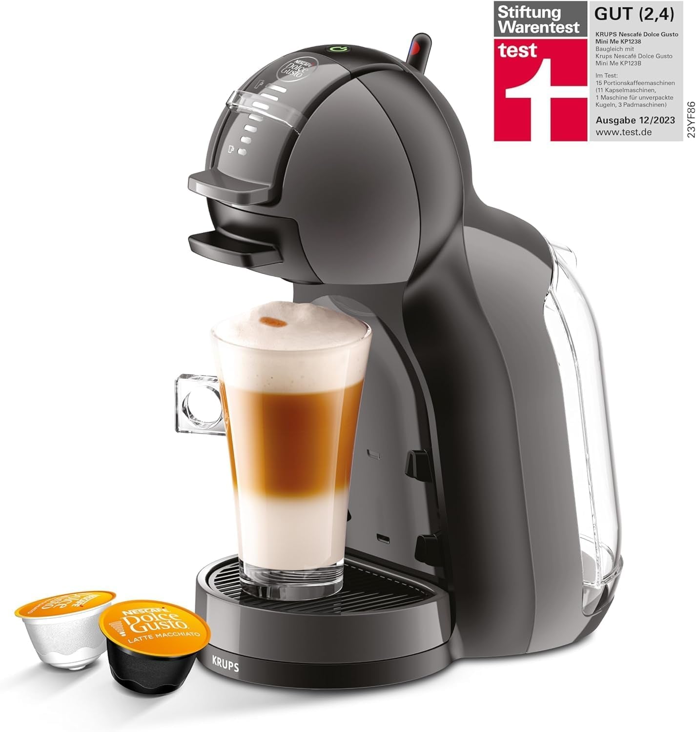 NESCAFÉ DOLCE GUSTO Krups KP1238 Mini Me Ekspres na kapsułki do kawy, 15 barów, kompaktowy, wysokociśnieniowy ekspres do kawy, ponad 30 kreacji kawowych, wybór wielkości napoju, czarny/antracytowy z Dallmayr Prodomo