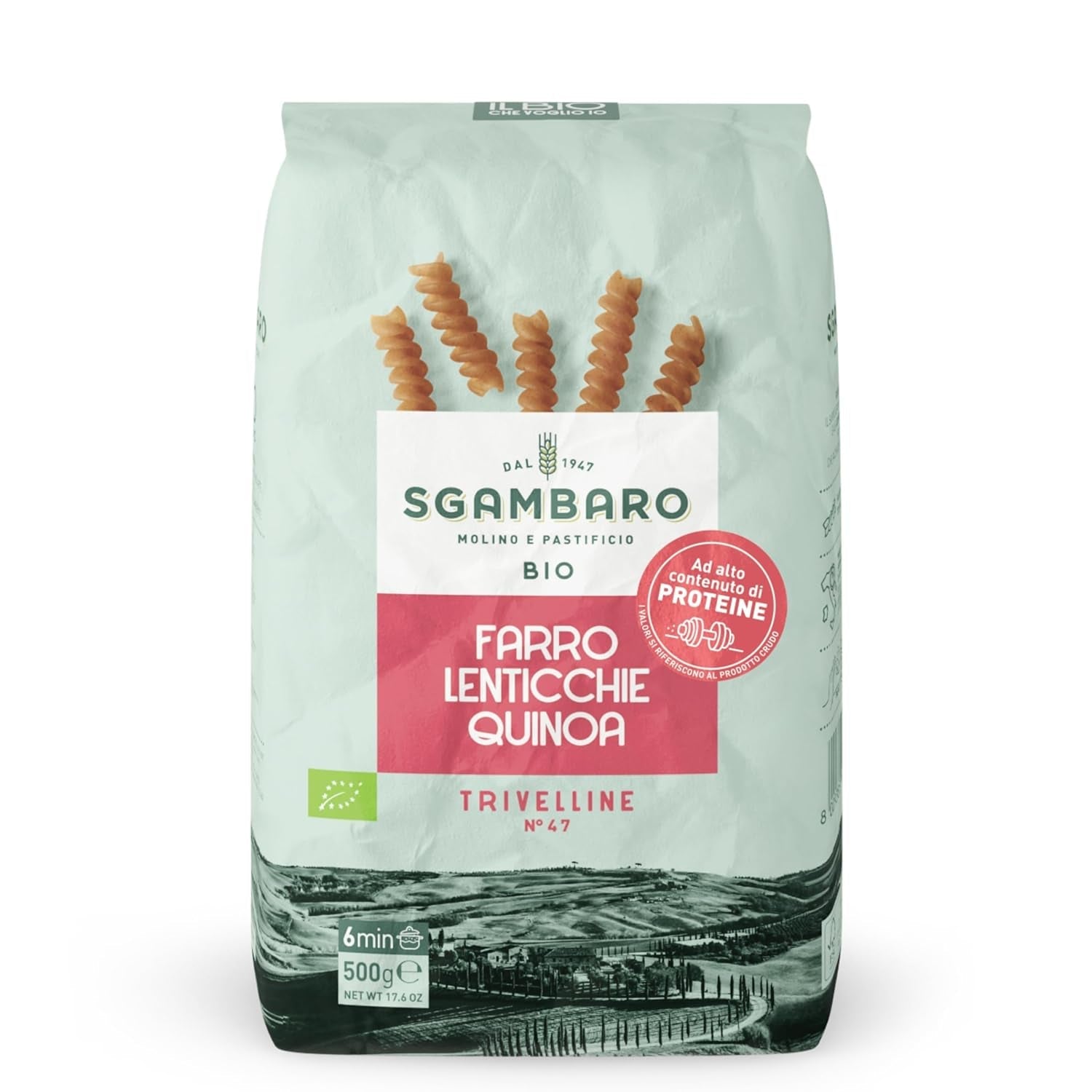 Ekologiczny makaron Trivelline N.47 - 500g z mąką orkiszową, mąką z soczewicy i mąką z komosy ryżowej - Bogaty w białko, źródło błonnika i białka