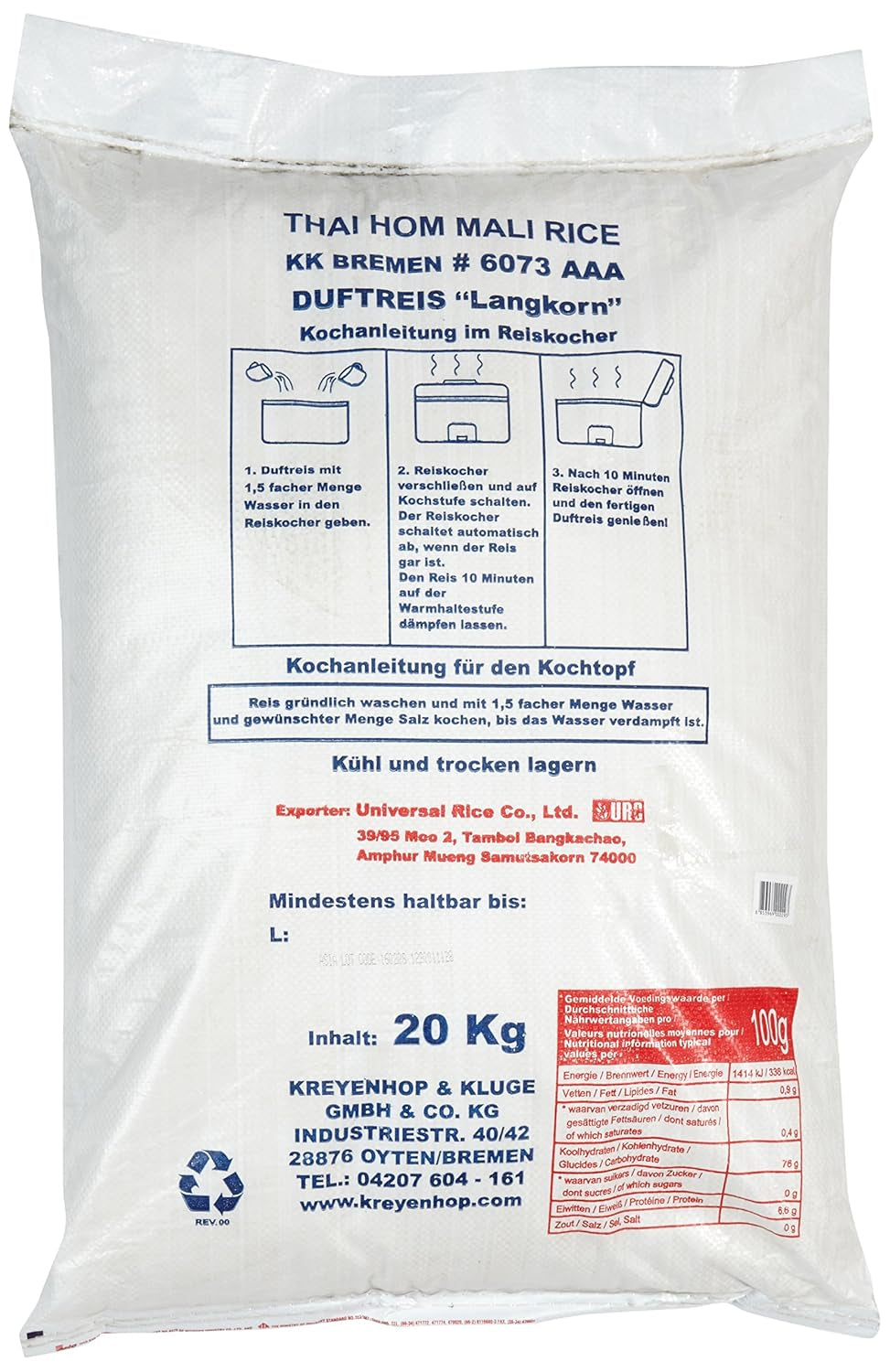 Ryż pachnący Aroy-D, 100% ryż długoziarnisty, 1 opakowanie (1 x 20 kg)