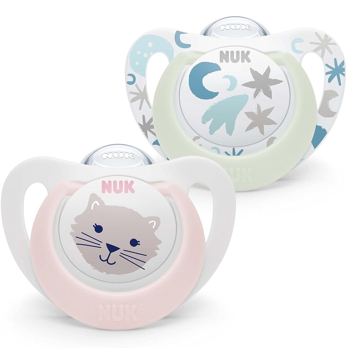 NUK Star Night & Day smoczek dla niemowląt 0-6 miesięcy świecący w ciemności silikonowy różowy kot bez BPA, 2 szt.