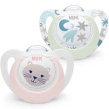 NUK Star Night & Day smoczek dla niemowląt 0-6 miesięcy świecący w ciemności silikonowy różowy kot bez BPA, 2 szt.