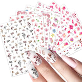 JMEOWIO Nagelsticker Frühling Blume 9 Blatt Nagelaufkleber Selbstklebend Rosa Blüte Nail Art Naklejka Dekoration Nageldesign Zubehör