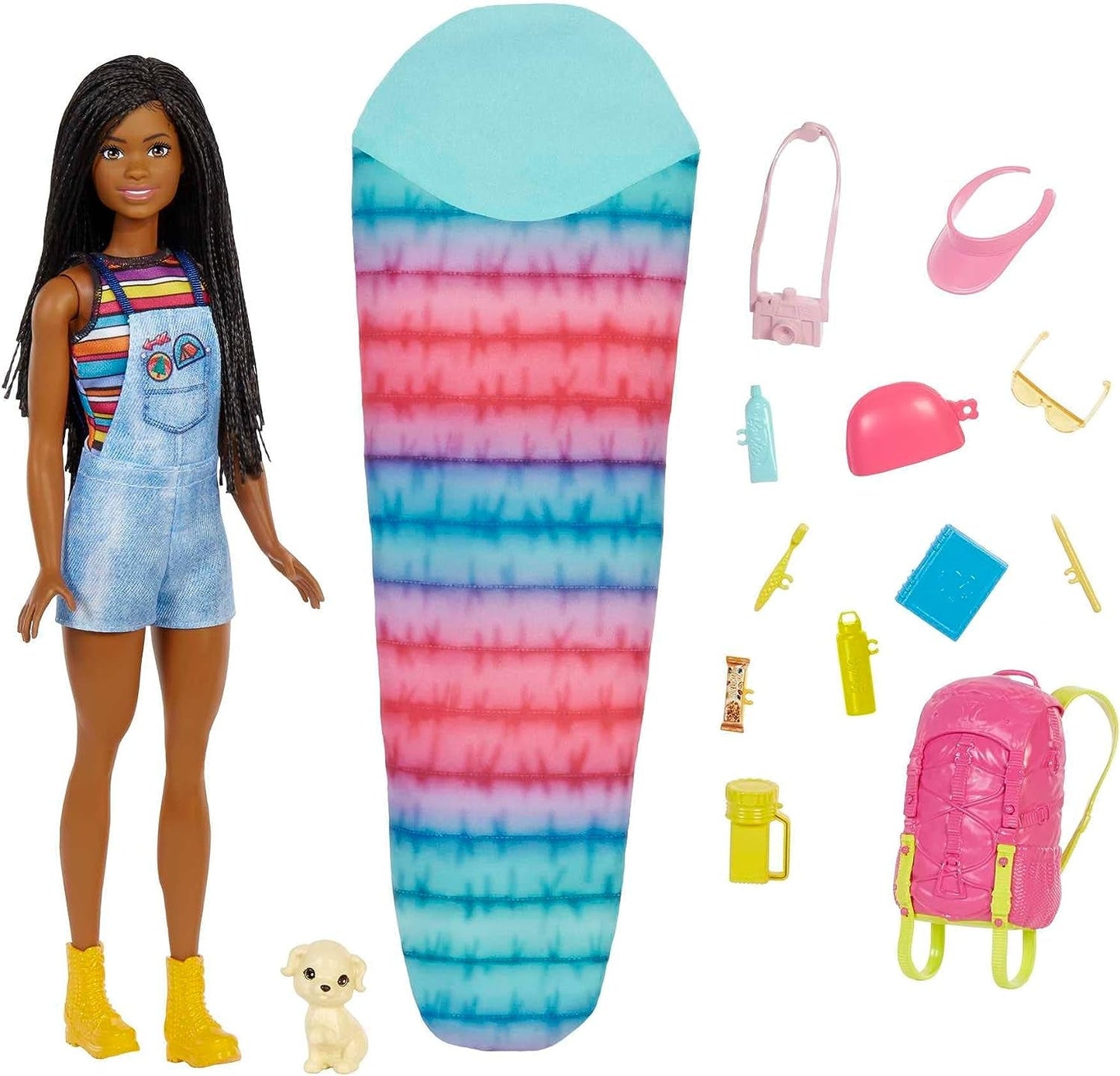 Podwójna lalka Barbie HDF74! Brooklyn Camping Doll (Brunetka z plecionymi warkoczami, ok. 29 cm) ze szczeniakiem, plecakiem, śpiworem, 10 akcesoriami kempingowymi, prezentem dla dzieci w wieku 3 lat i starszych