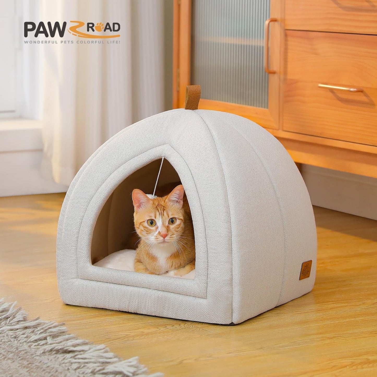 PAWZ Road Katzenhöhle mit waschbaren Kissen, Hundebett kleine Hunde, Kleintierhaus, Katzenschlafplatz-Bettchen, Katzenhaus Indoor, beżowy, 40x40x40cm