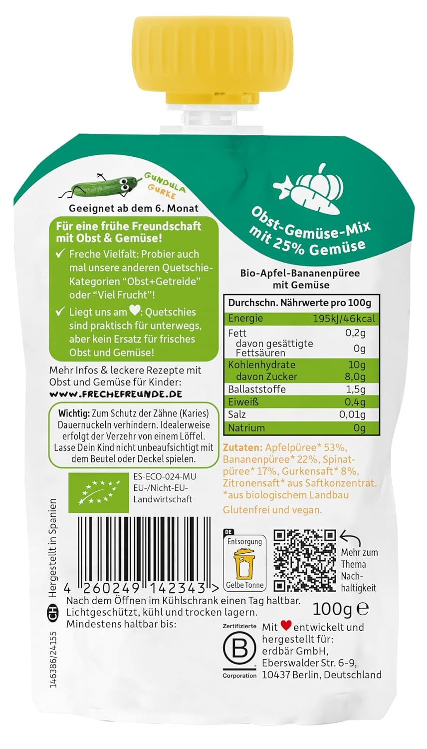 FRECHE FREUNDE Ekologiczne woreczki do wyciskania z jabłkami, bananami, szpinakiem i ogórkiem, puree owocowe i warzywa w wyciskanym woreczku dla dzieci od 6. miesiąca życia, wegańskie, opakowanie 6 szt. (6 x 100 g)