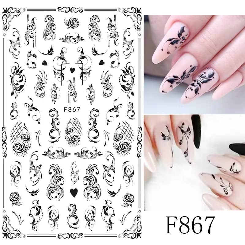 JMEOWIO Nagelsticker Blumen 10 Blatt Nagelaufkleber Selbstklebend Czarny biały kwiat Nail Art Naklejka Dekoracja Nageldesign Zubehör