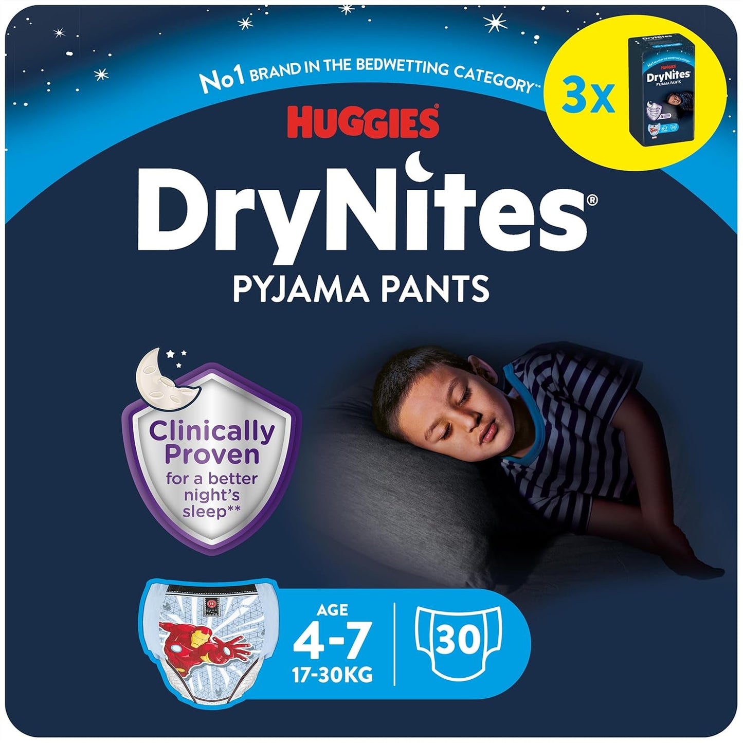 Chłonne pieluszki na noc DryNites dla chłopców 4–7 lat (17–30 kg), duże opakowanie miesięczne, 64 szt.