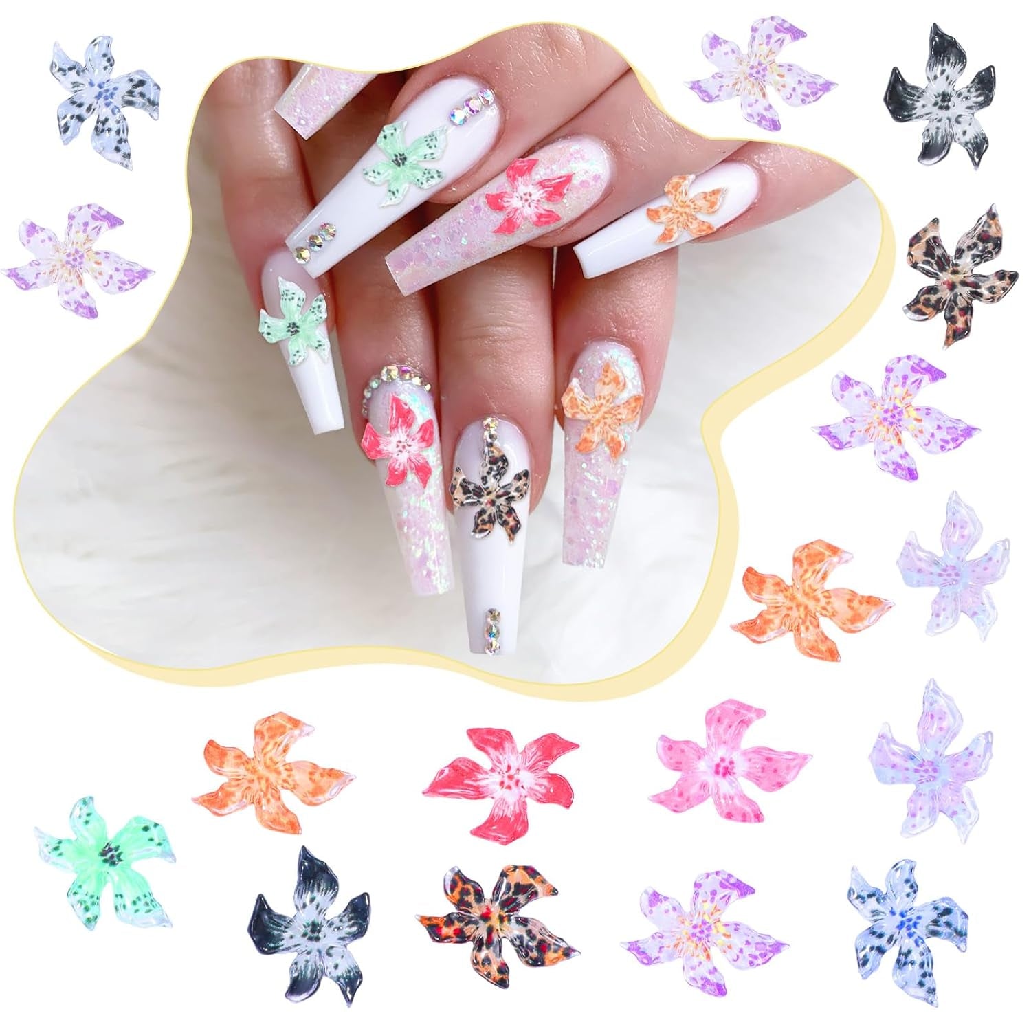 50 szt. 3D Blumen Nägel Nail Charms Bunt Gelee Weich Kleber Lilie Flower Blume Nagel Hibiscus Zubehör Nageldesign Eis Kristall Geprägt Farbverlauf Lilien Für Mädchen Frauen Diy Basteldekoration