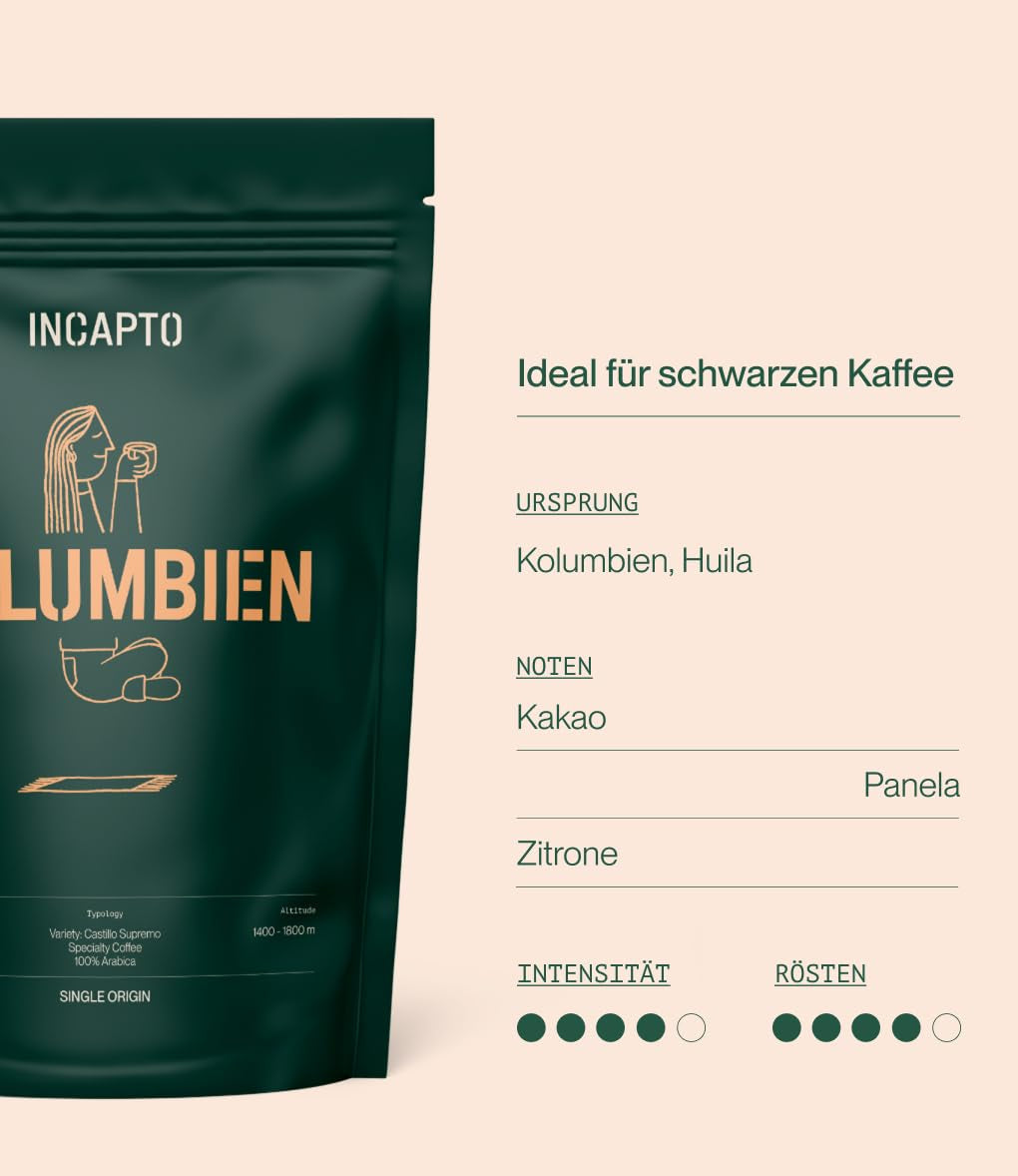 Incapto Spezialitäten-Kaffeebohnen | Kolumbijskie jednego pochodzenia | Espresso 100% Arabika | Kawa specjalistyczna 84 punkty SCA | Tradycyjna Geröstete Bohnenkaffee | Roślina Huila, Cadefihuila, 1kg