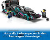 LEGO City Transporter samochodów z samochodem wyścigowym, zabawkową ciężarówką z regulowaną rampą załadunkową i samochodem wyścigowym, zestaw do budowania zawierający 2 minifigurki, kierowcę wyścigowego i kierowcę ciężarówki, dla dzieci od 6 lat 60406 Zestawy do budowania Besuche den LEGO-Store