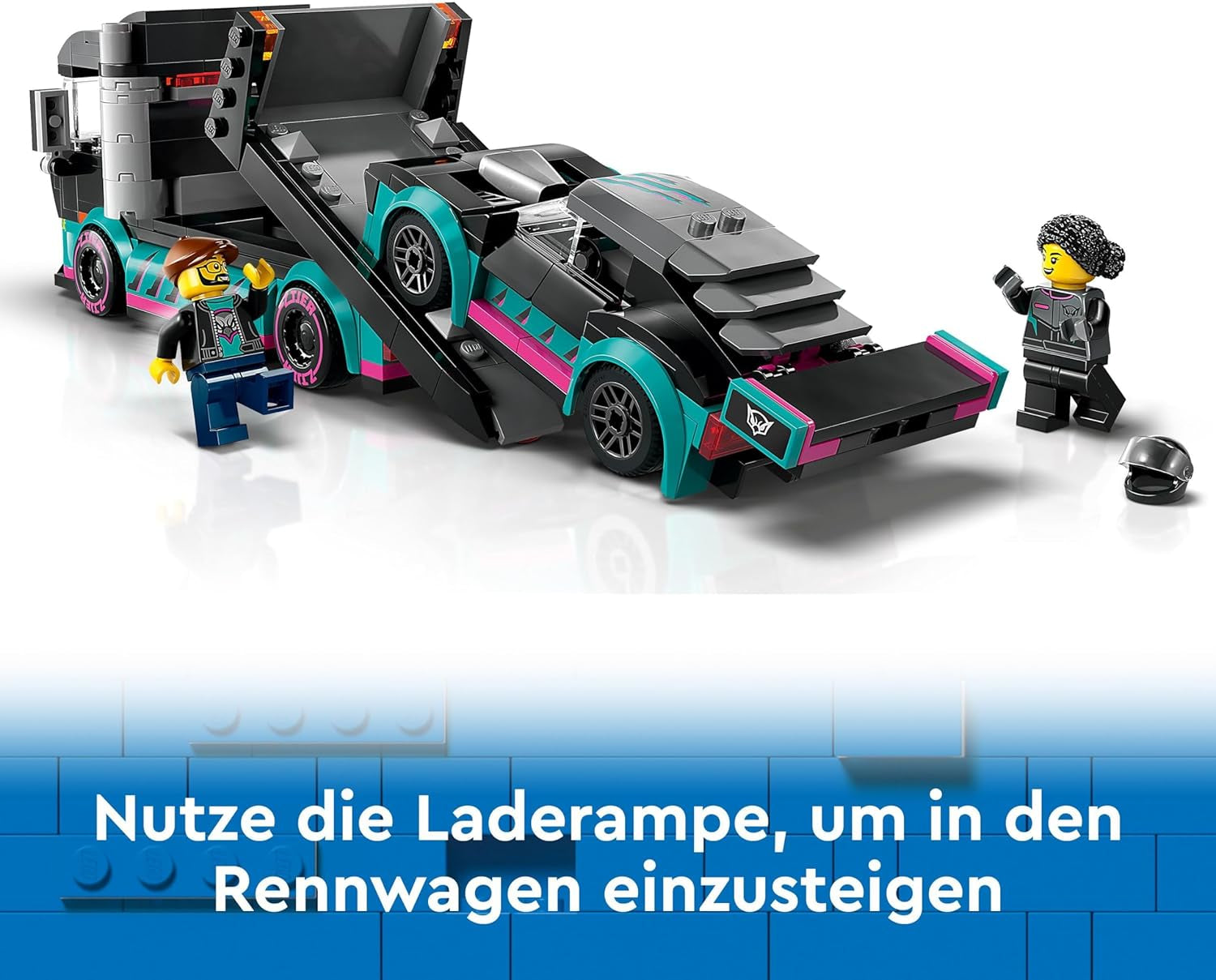 LEGO City Transporter samochodów z samochodem wyścigowym, zabawkową ciężarówką z regulowaną rampą załadunkową i samochodem wyścigowym, zestaw do budowania zawierający 2 minifigurki, kierowcę wyścigowego i kierowcę ciężarówki, dla dzieci od 6 lat 60406 Zestawy do budowania Besuche den LEGO-Store