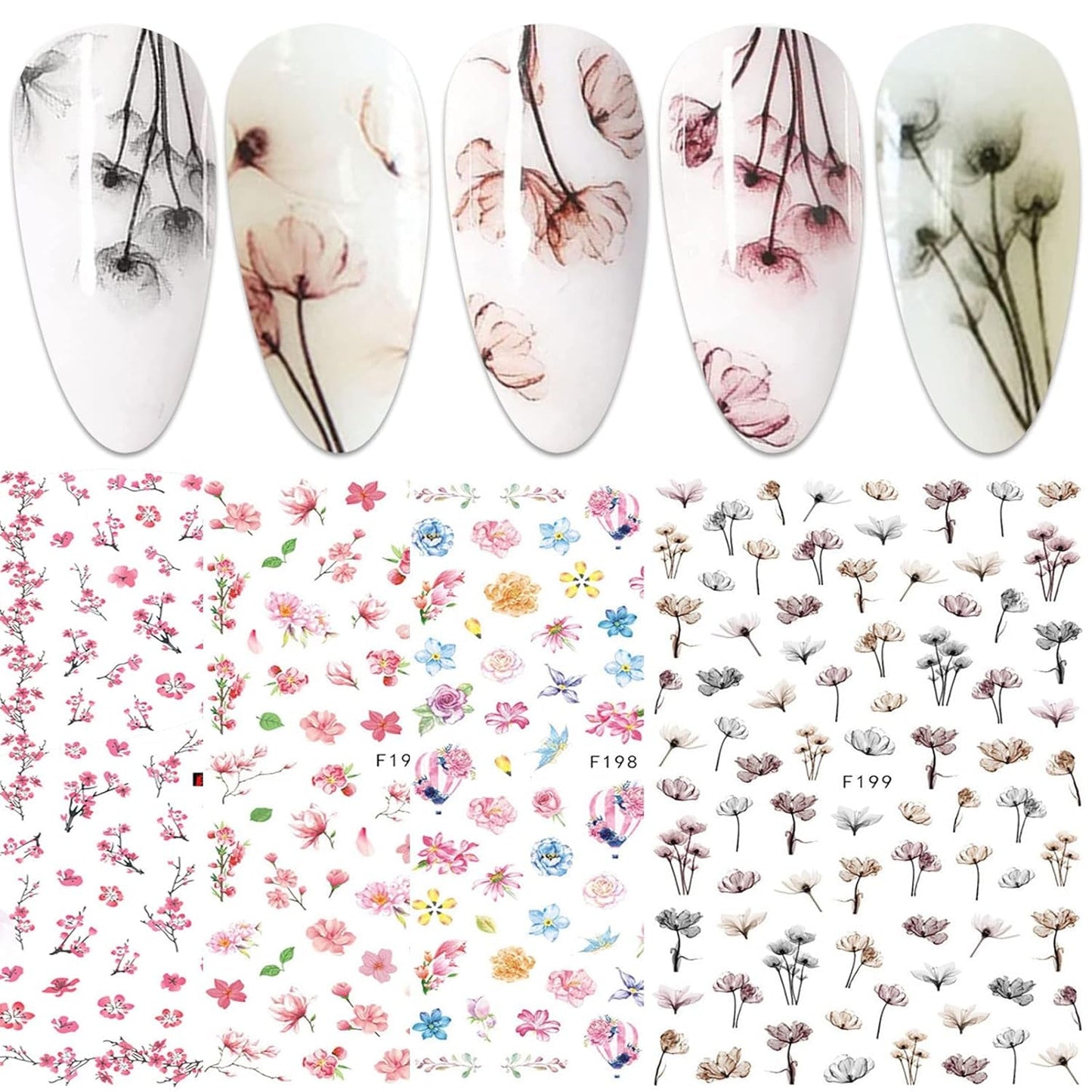 JMEOWIO Nagelsticker Frühling Blume 9 Blatt Nagelaufkleber Selbstklebend Rosa Blüte Nail Art Naklejka Dekoration Nageldesign Zubehör