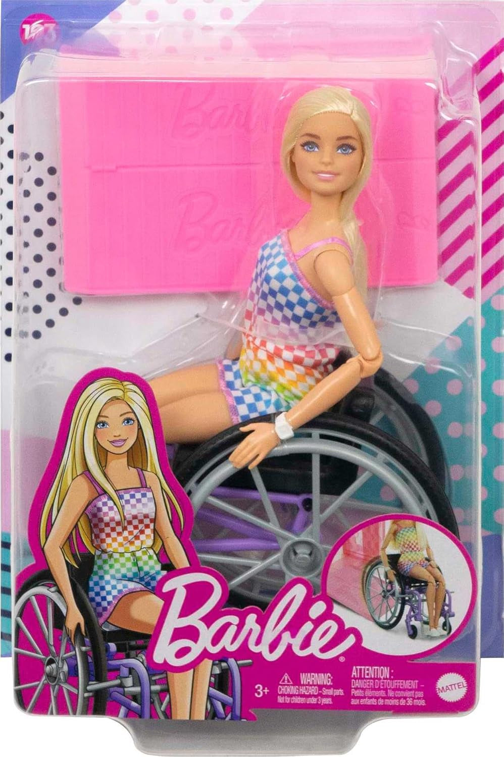 Lalka Barbie Fashionistka, blond włosy i tęczowy kombinezon, wózek inwalidzki i rampa w zestawie, lalka prezent dla dzieci, zabawka dla dzieci w wieku od 3 lat, HJT13