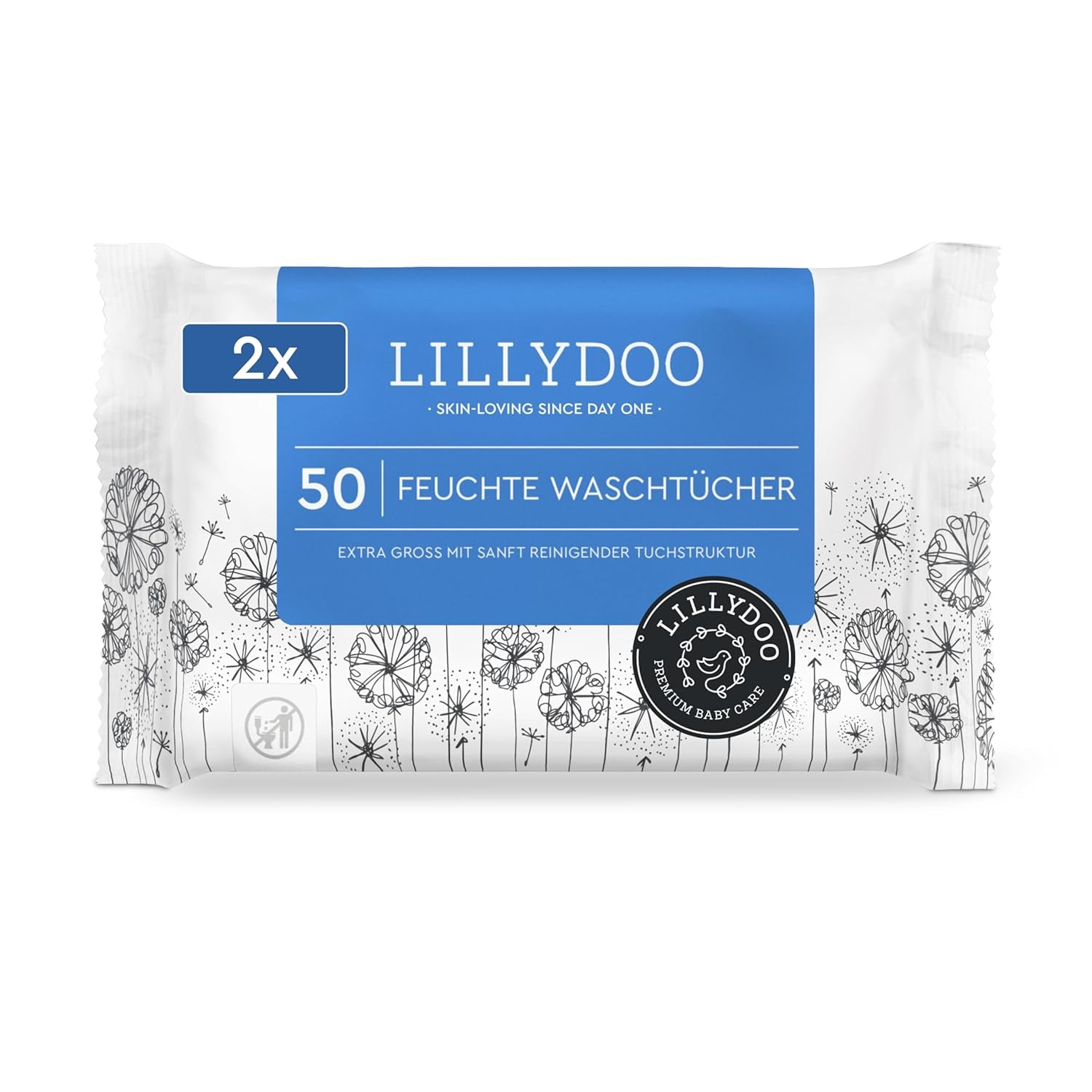 LILLYDOO Chusteczki nawilżane, 50 szt., 100% bez plastiku, bardzo duże, bezzapachowe