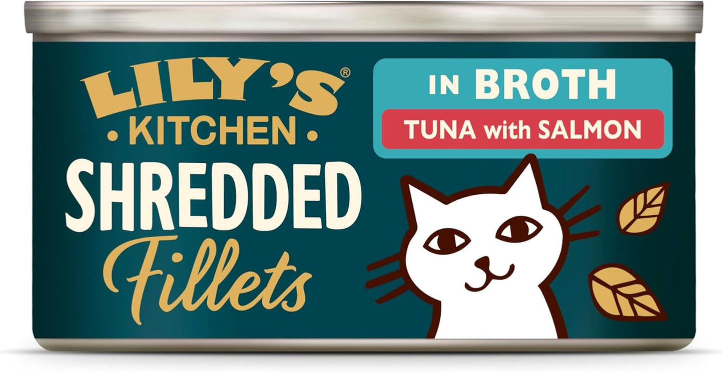 Filety mielone w bulionie z tuńczykiem i łososiem, przygotowane z naturalnych składników, Lily's Kitchen, mokra karma dla dorosłych kotów, opakowanie 70g